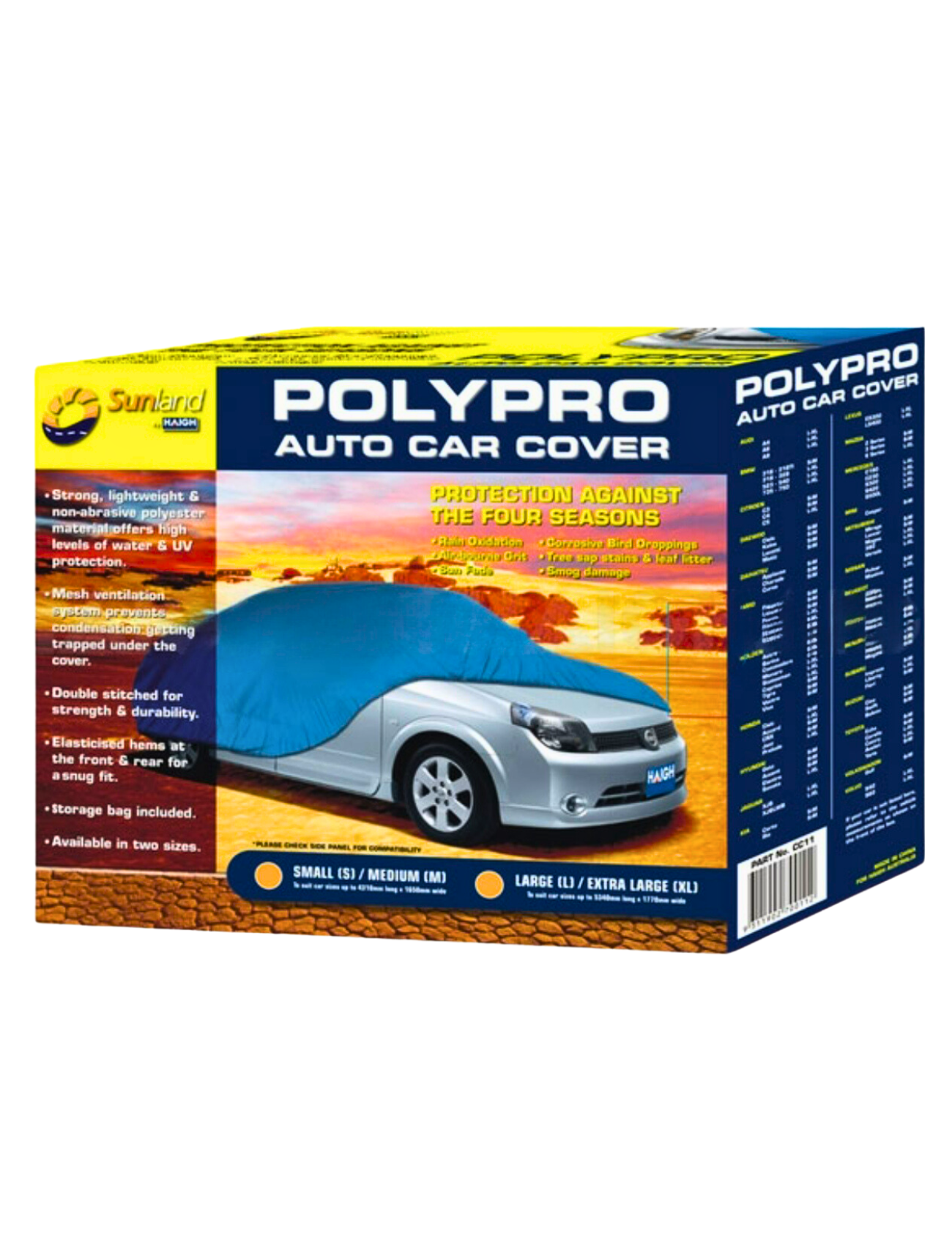 Box packaging for Sunland-Protection's "Car Cover - LARGE/X-LARGE" showcases an image of a blue car covered by the cover. It highlights UV protection, weather durability, and a mesh ventilation system. Sides feature a size chart and product details.