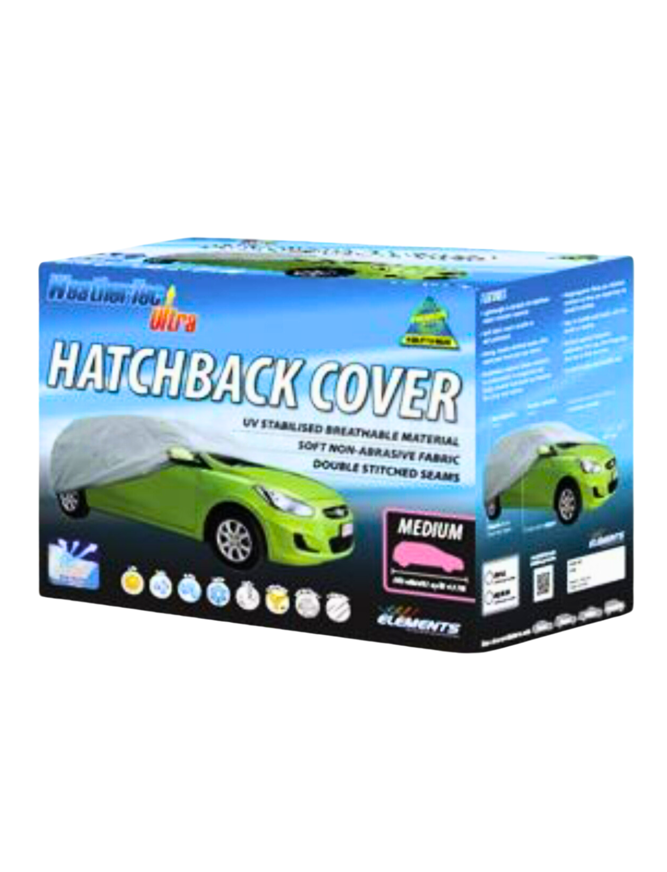 The packaging for Sunland-Protection's WeatherTec Ultra Cover - HATCHBACK SMALL displays a green hatchback partially covered by a gray cover, highlighting features like UV protection and breathable fabric, with "Small" as the size indication.