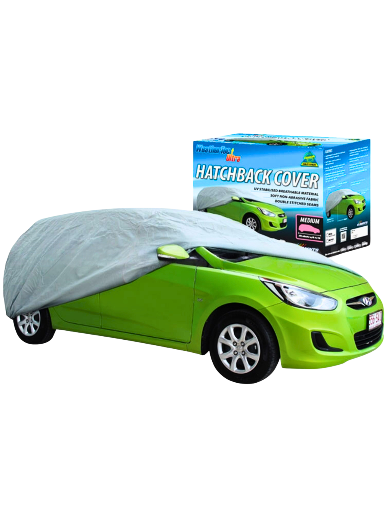 A bright green hatchback is partially covered with a gray Sunland-Protection cover. Behind it, a retail box labeled "WeatherTec Ultra Cover - HATCHBACK SMALL" shows the same car fully covered, highlighting its breathable fabric and UV protection for superior care.