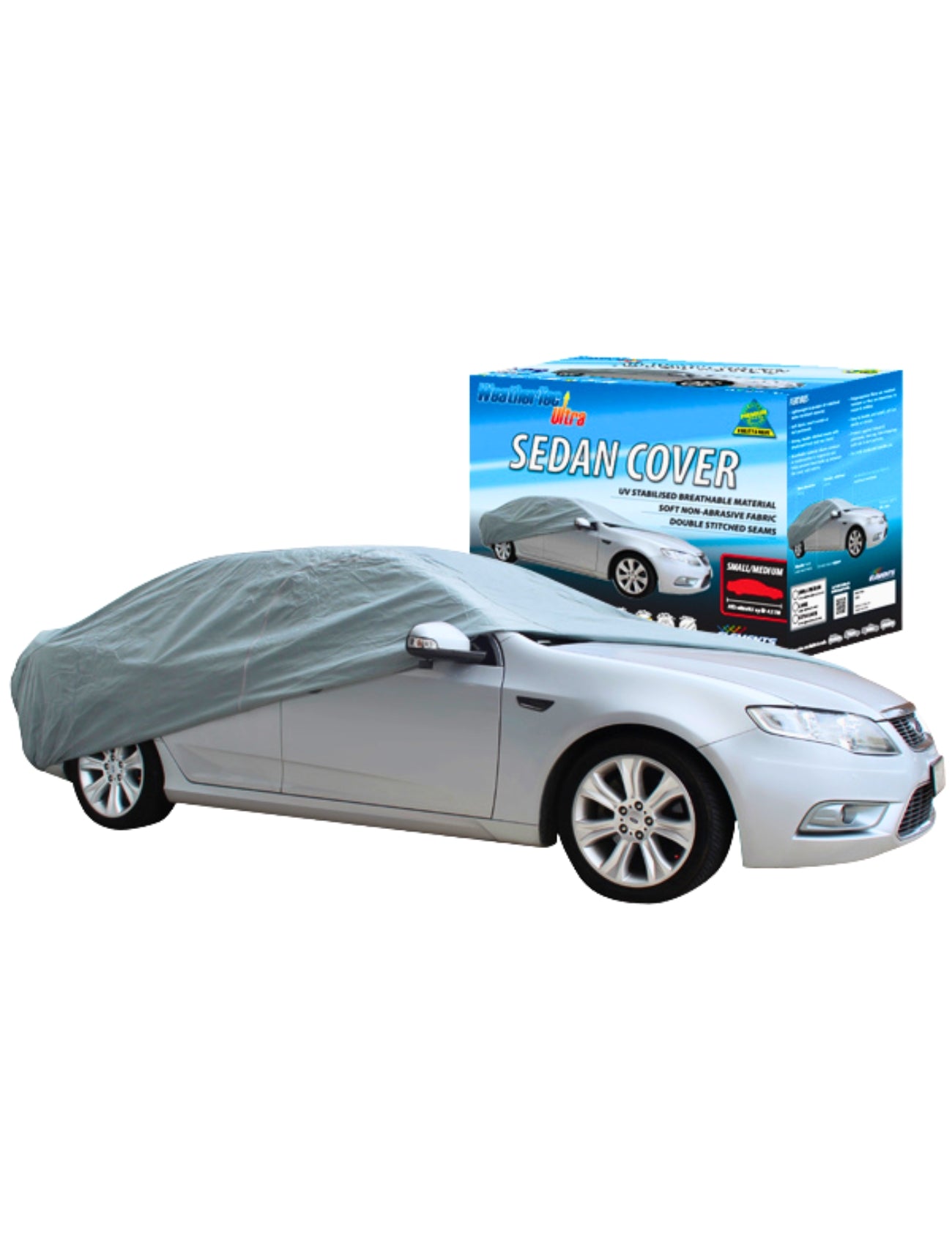 A silver sedan, ideal for WeatherTec Ultra Cover XLARGE by Sunland-Protection, is partially draped with the cover. In the background, a colorful "Sedan Cover" box highlights its UV protection, all set against a pristine white backdrop.