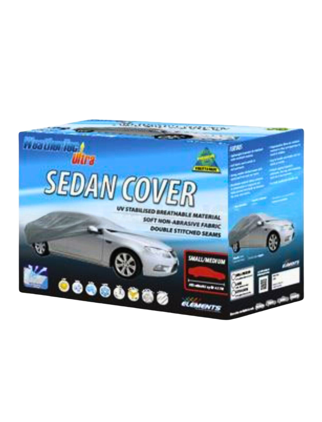The image displays a blue and gray box for the Sunland-Protection WeatherTec Ultra Cover XLARGE, featuring UV-stabilized breathable material, non-abrasive fabric, and double-stitched seams. It's designed to fit small to medium cars and includes images of a covered vehicle.
