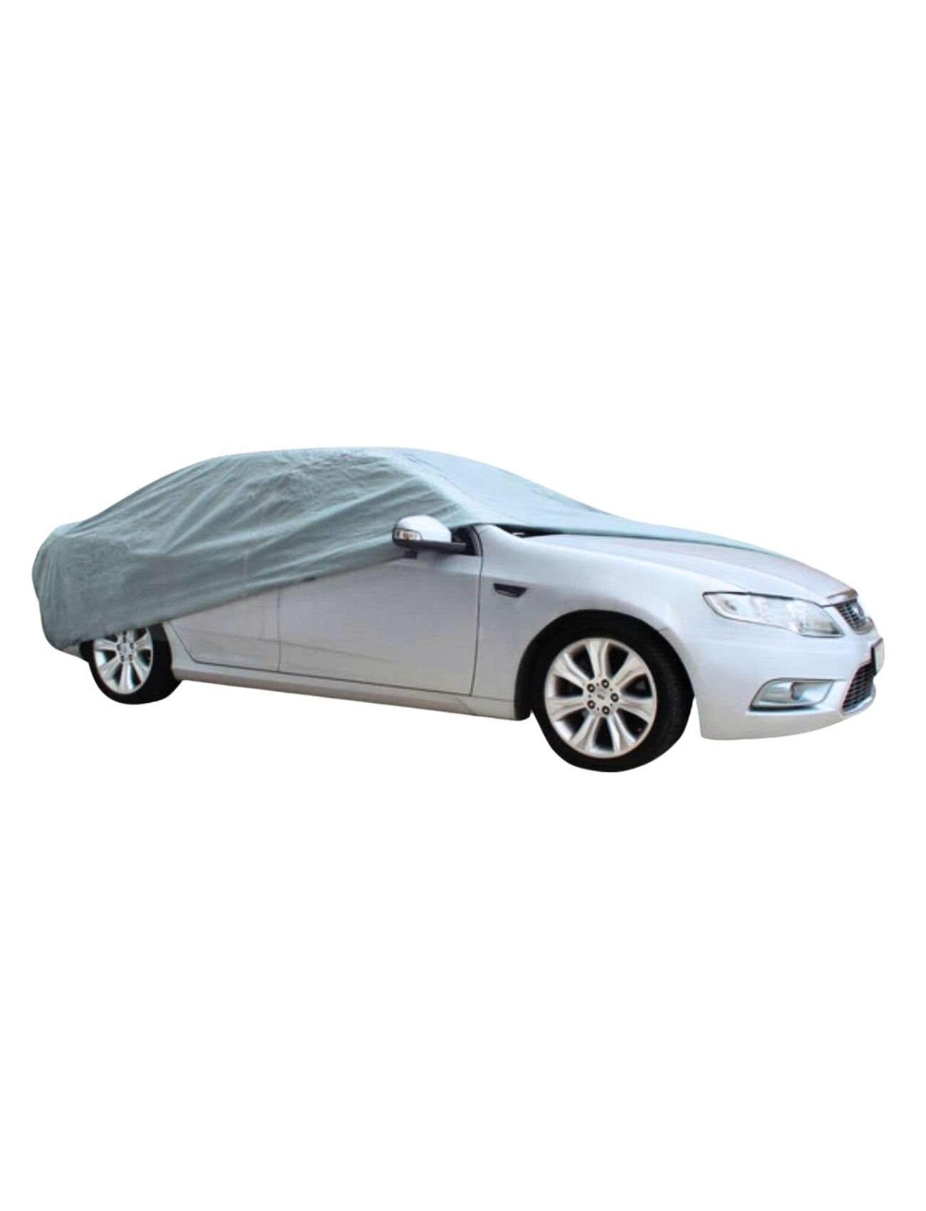 A silver sedan, slightly covered by a Sunland-Protection WeatherTec Ultra Cover XLARGE, equipped with UV safeguarding, rests on a white background. The gray cover cloaks the roof and top areas while revealing the wheels and lower sections, perfect for extra-large sedans.