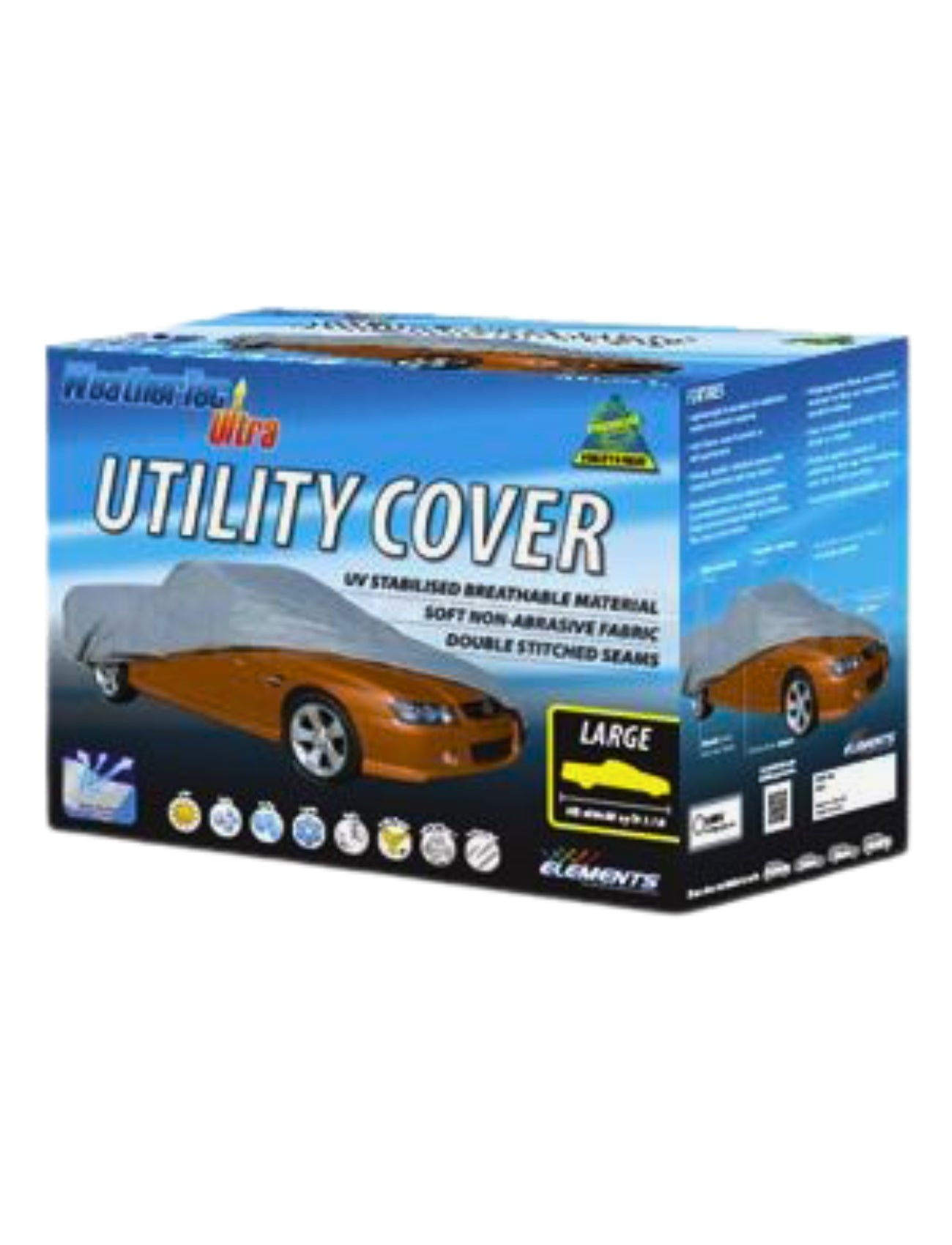 The Sunland-Protection WeatherTec Ultra Cover - UTILITY, packaged in a blue "Utility Cover" box with a car beneath a grey shield, offers UV protection and breathable fabric with double-stitched seams, ideal for large vehicles up to 5.4m long.
