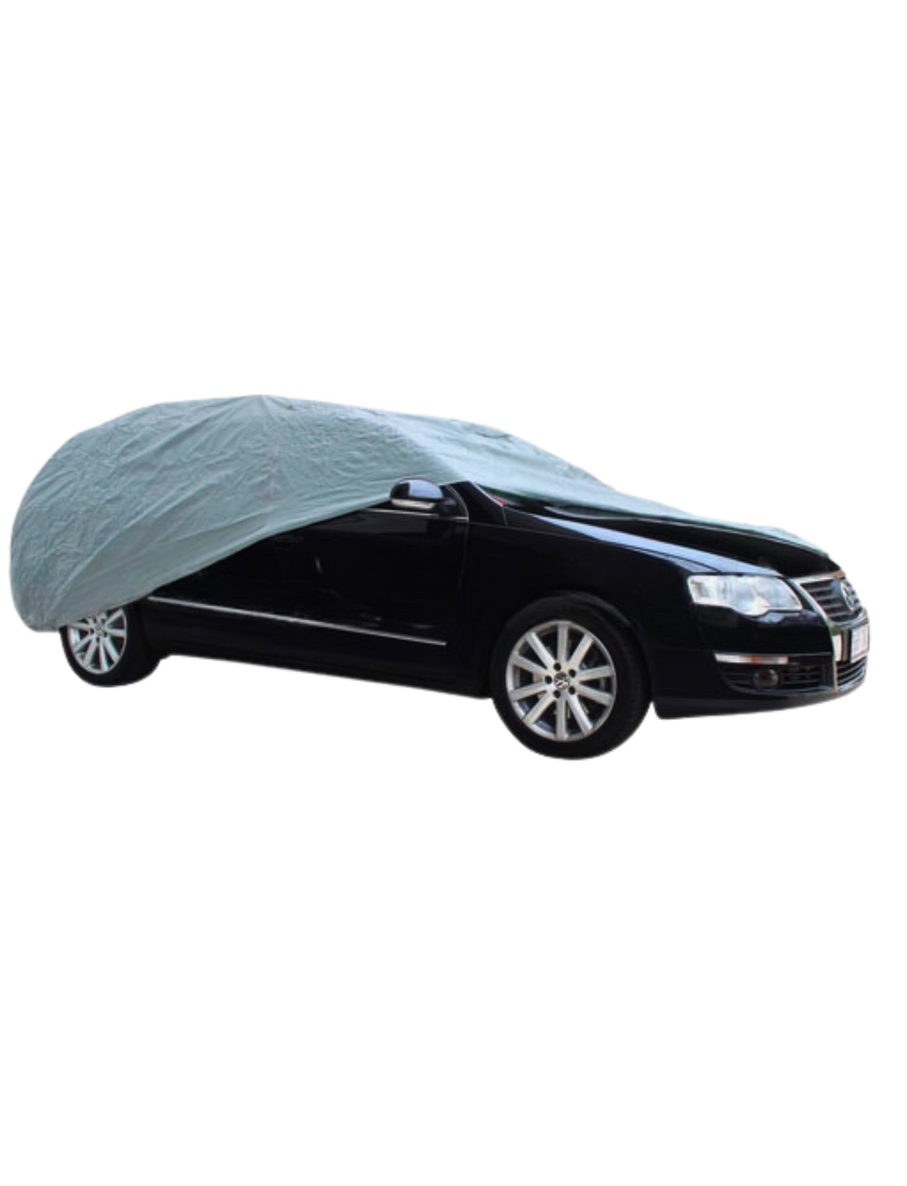 A black sedan is partially covered by a Sunland-Protection WeatherTec Ultra Cover WAGON, leaving the front and back exposed. It rests on a white background, highlighting its sleek design and shiny finish while benefiting from UV-stabilized protection.