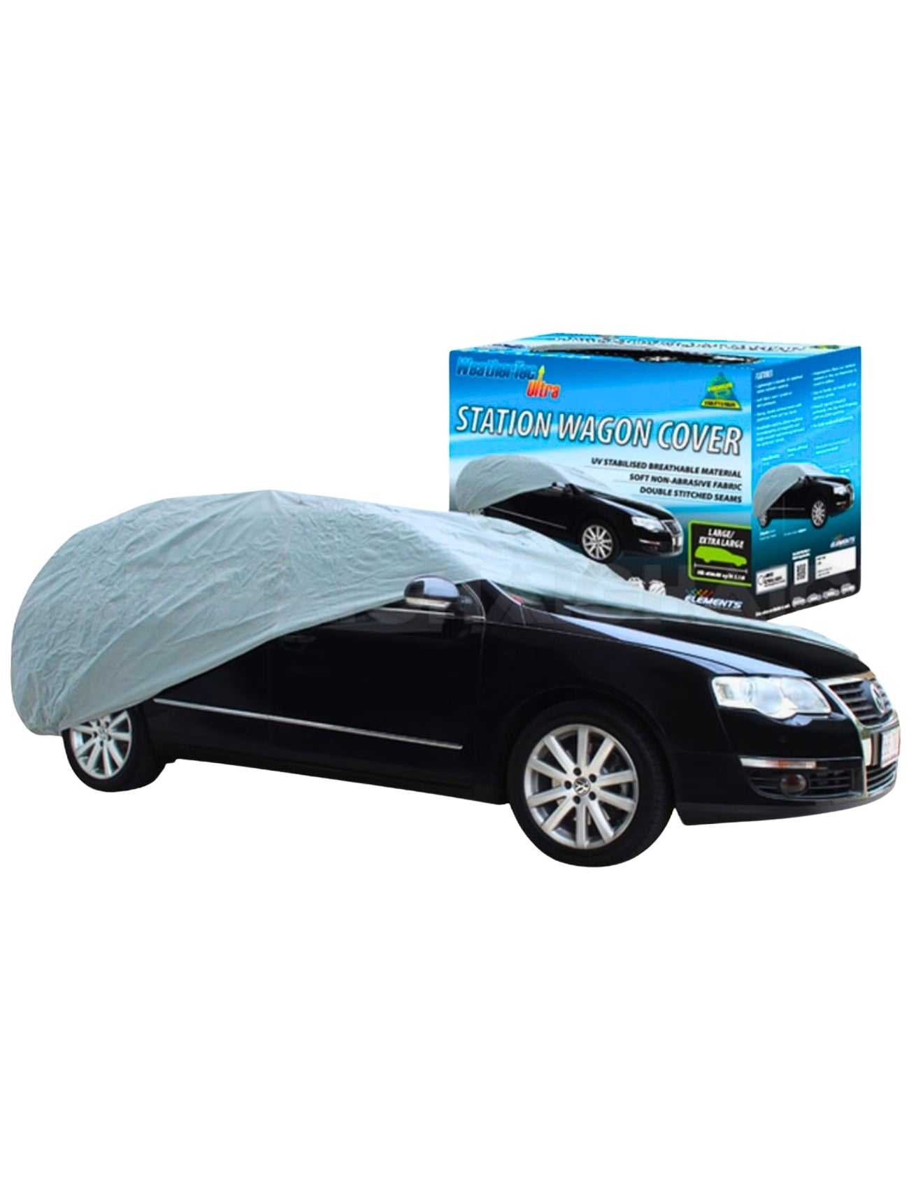 A black station wagon is partially covered by a gray Sunland-Protection WeatherTec Ultra Cover WAGON made with Genesis Fabric. Behind the car, a retail box labeled "WAGON Cover" displays product images, all set against a plain white background.