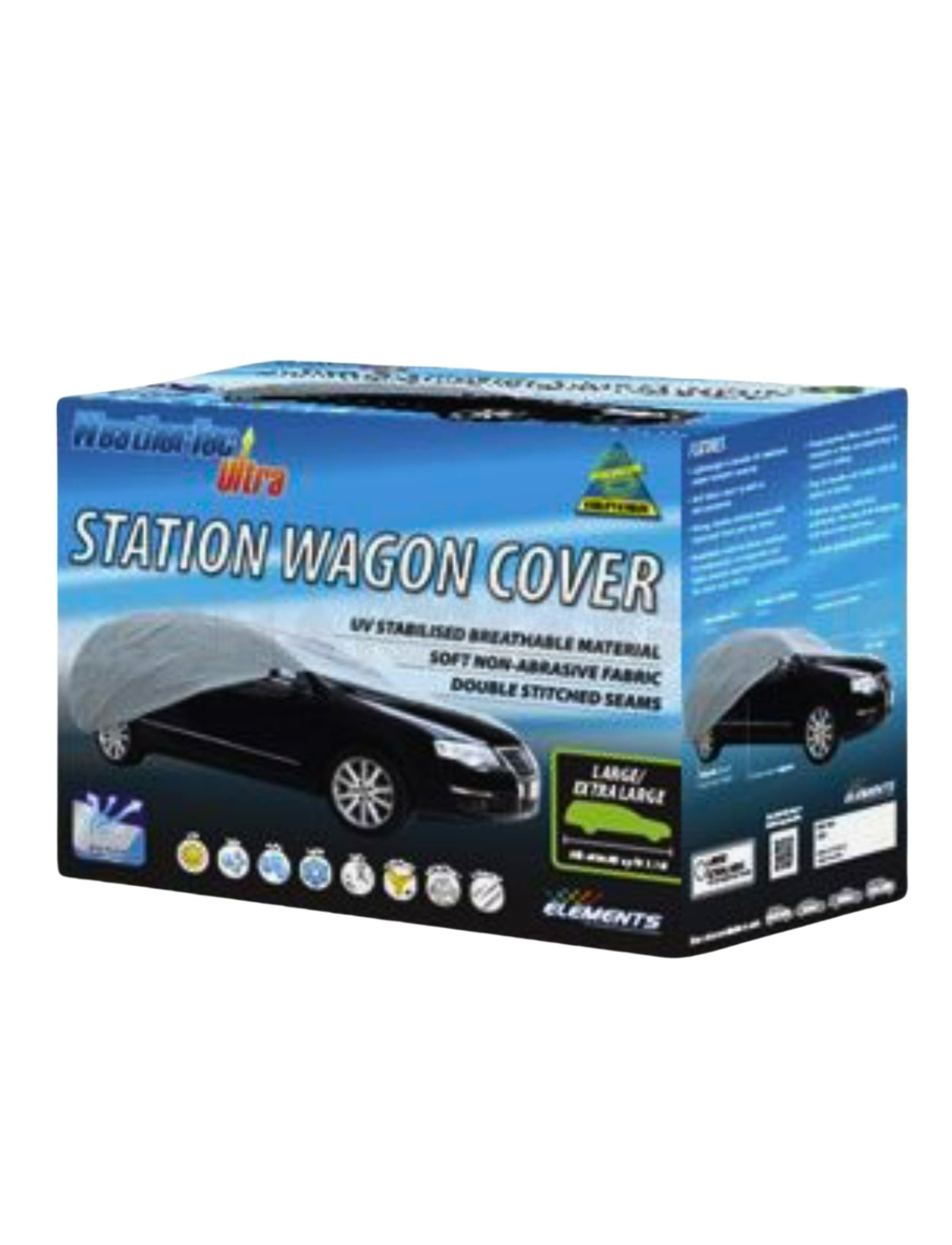 A blue and black box displays the WeatherTec Ultra Cover WAGON by Sunland-Protection, with an image of a covered black car. Text emphasizes UV stabilization, breathable Genesis Fabric, and durability. The label states the cover is "LARGE EXTRA LARGE.