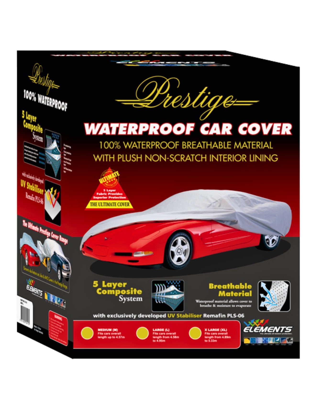The Sunland-Protection Car Cover for Hatchback Small features box packaging with a red car partially covered, highlighting its 100% waterproof 5-layer breathable fabric and non-scratch lining, along with images and icons for UV stabilization and composite layers.