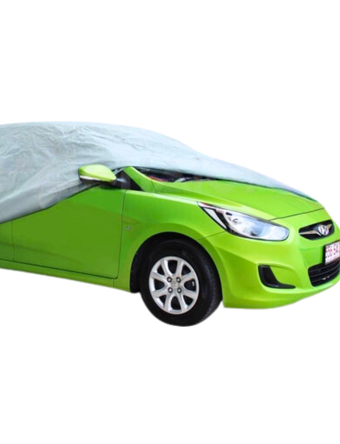A lime green hatchback partially shielded with Sunland-Protection's Car Cover in waterproof 5-layer fabric. The front and part of the side with sleek design and silver wheels are visible, while UV-stabilized materials ensure long-term protection.