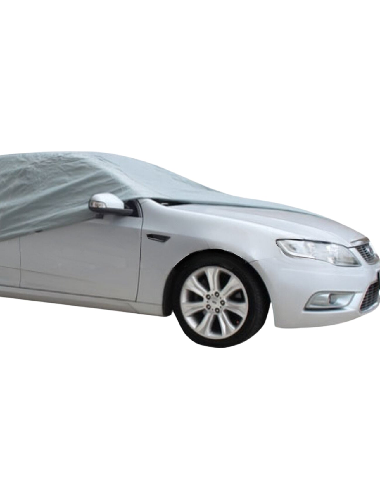 A silver car is partially covered by a Sunland-Protection Car Cover - Small in gray, UV-stabilized, 5-layer breathable fabric. Only the front section, including the headlights, wheel, and side mirror, is exposed against a pure white background.