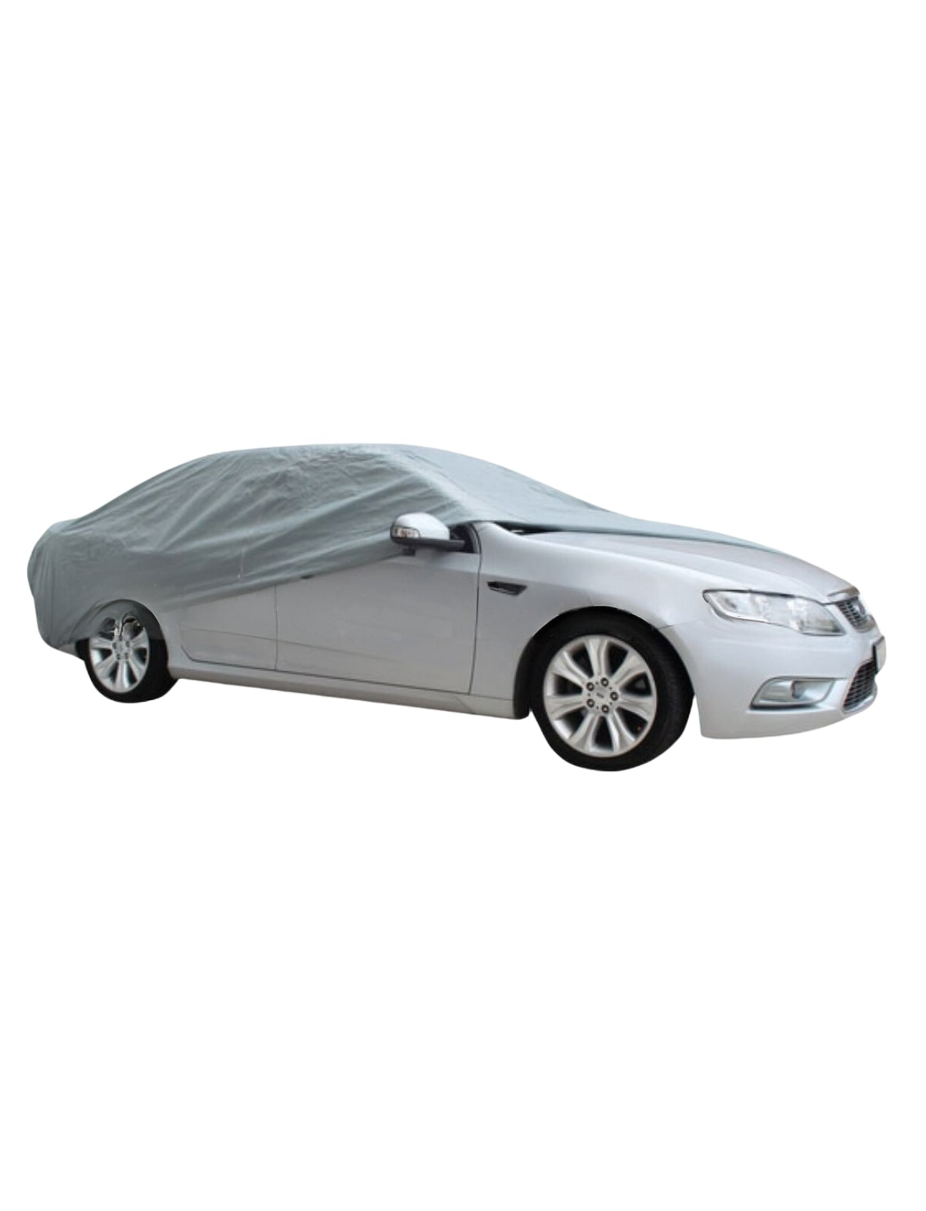 A silver sedan is partly hidden by a Sunland-Protection Car Cover - Small/Medium, expertly draped to guard the roof, windows, and rear. Its 100% waterproof and UV-stabilized design ensures lasting protection while only the front wheels, bumper, and headlights peek against a pristine white background.