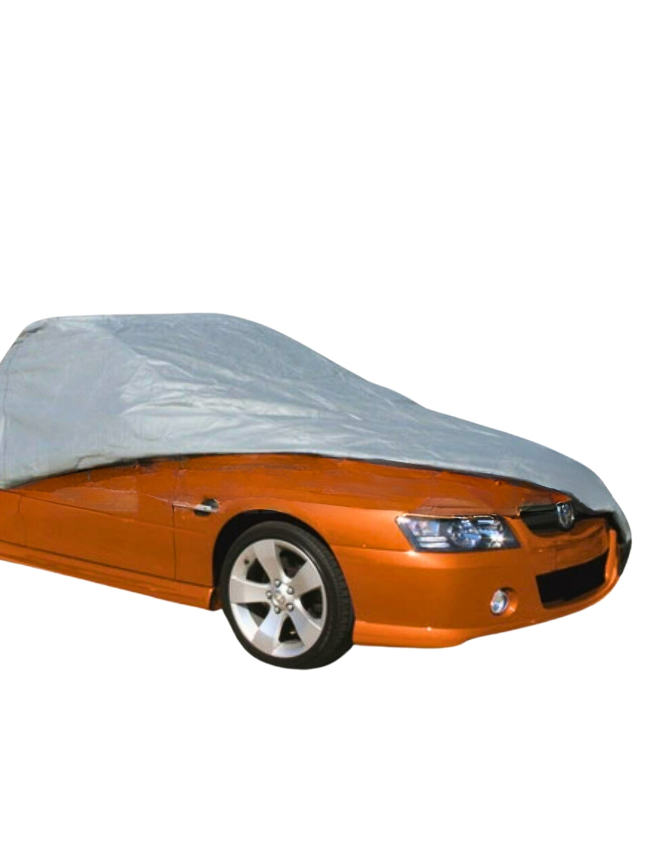 An orange car is partly covered by a silver Sunland-Protection Car Cover - Ute, with the front bumper and wheels visible. The 4-layer fabric shields the windows, roof, and hood with UV stabilization against a white backdrop.