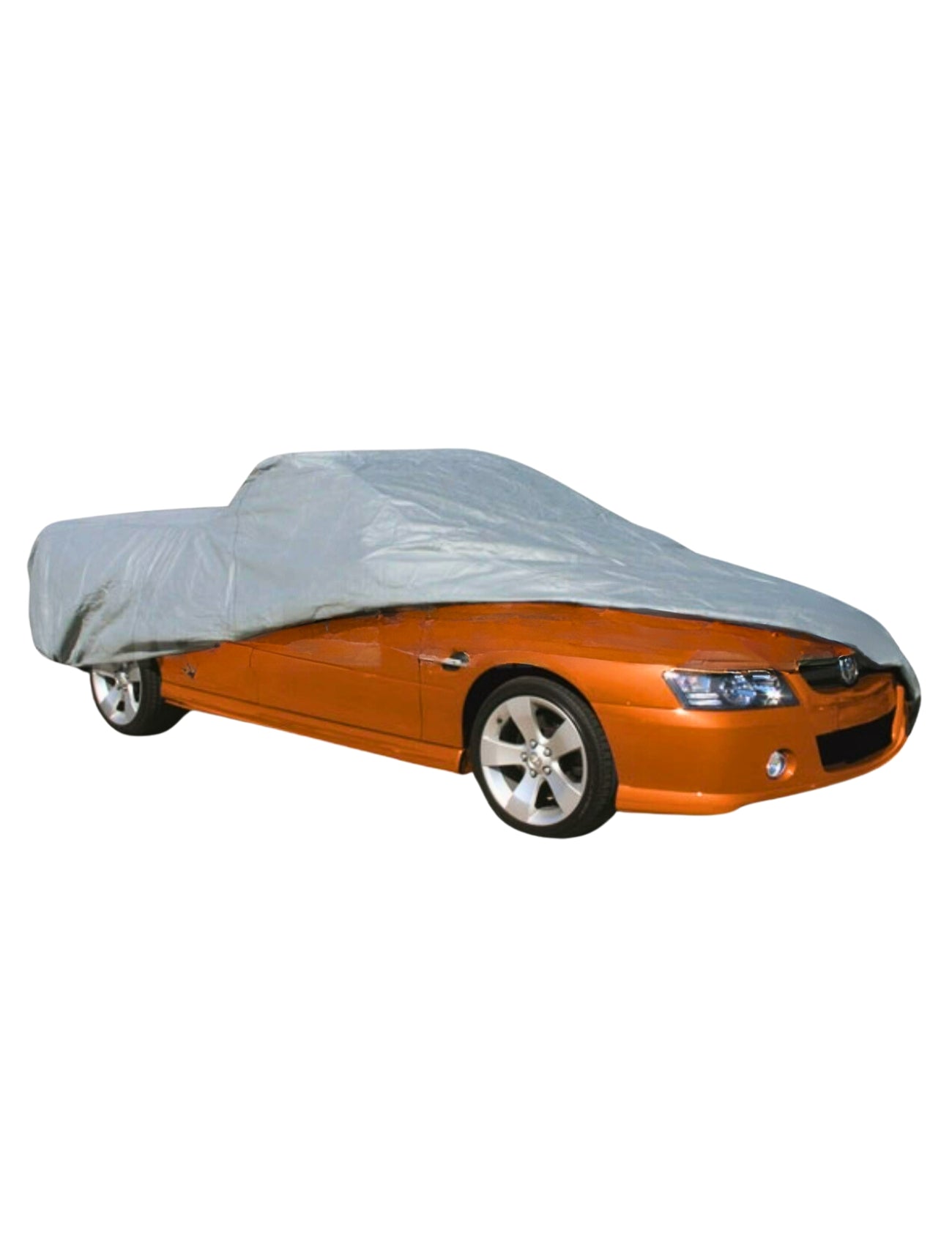 An orange car with a Sunland-Protection Car Cover - Ute, made from 4-layer UV-stabilized fabric, partially covers the top and rear, leaving the front bumper and wheels exposed against a plain white background.
