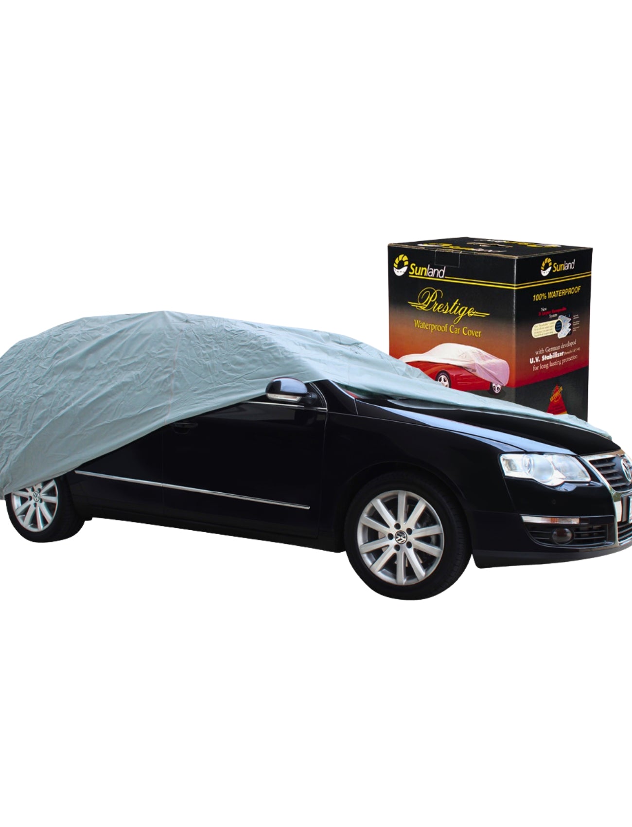 A black car is partly covered with a gray sheet. A nearby box features Sunland-Protection's "Car Cover - Wagon," renowned for its 5-layer composite system, providing outstanding protection against the elements.