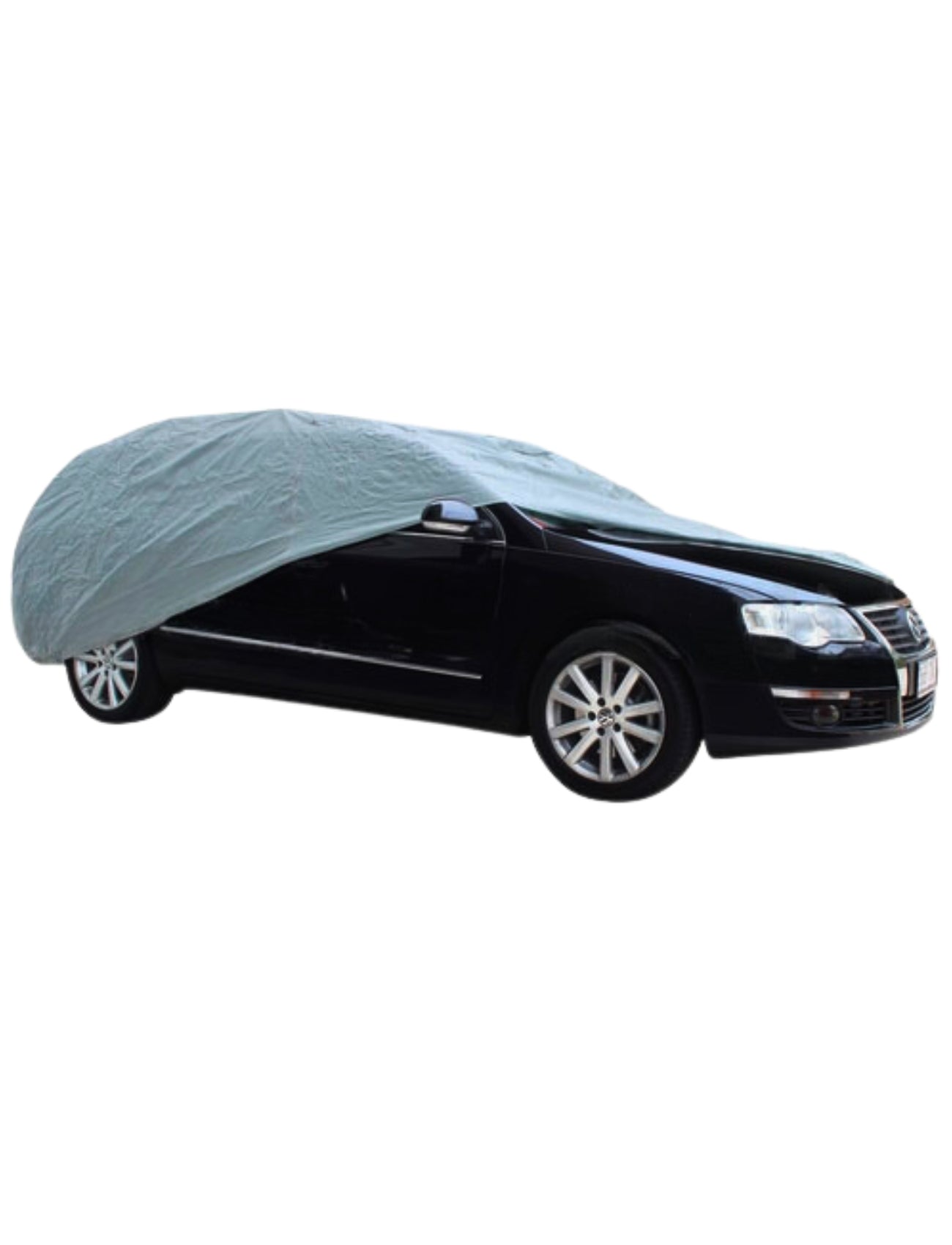 A black Prestige car is partially covered with a Sunland-Protection Car Cover - Wagon. The gray cover, featuring a 5-layer composite system, exposes the front and rear along with silver alloy wheels while sheltering the roof and windows, isolated against a white background.