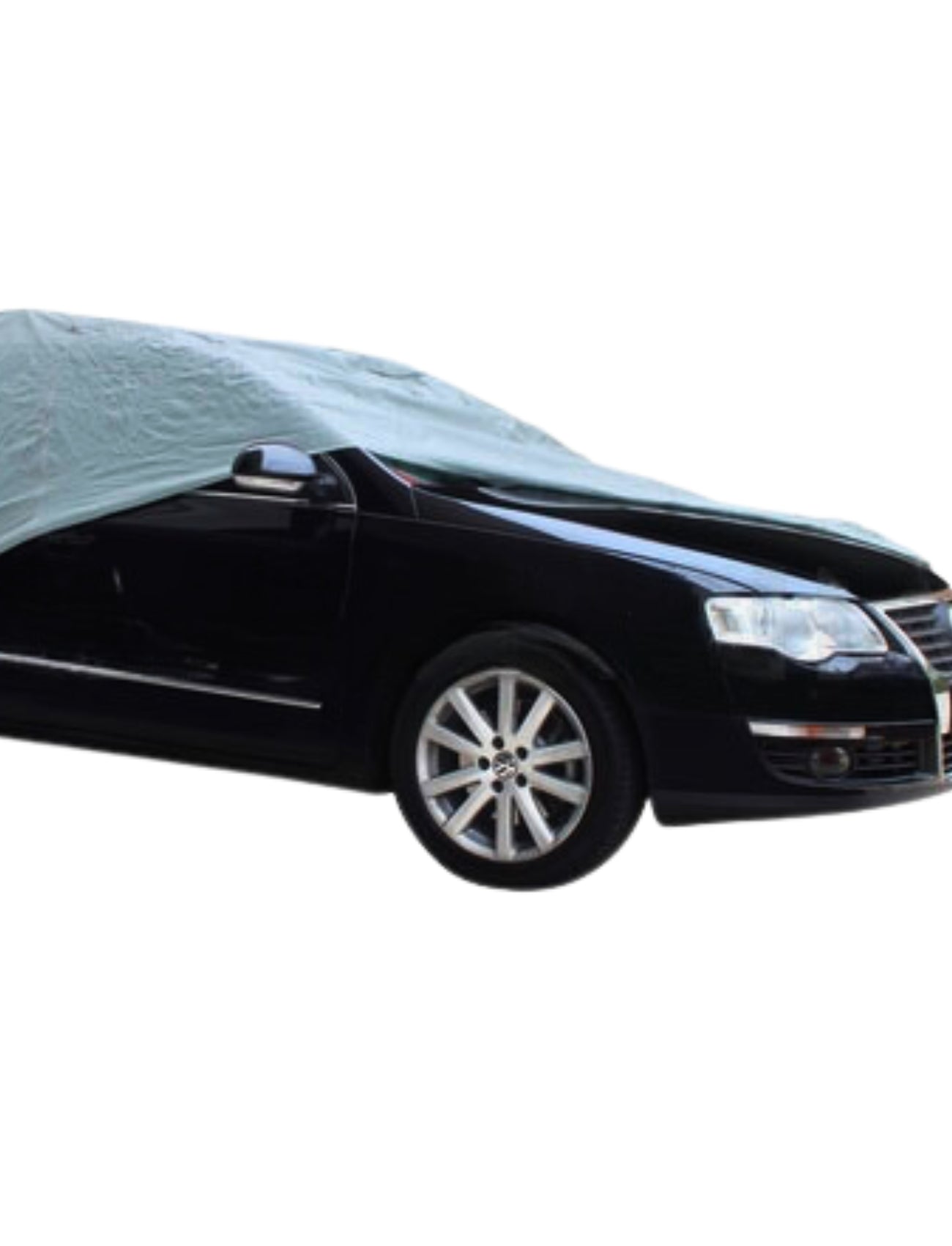 A Sunland-Protection Wagon Cover partially shields a black Prestige vehicle in gray, showcasing its protective features. The front, side, and wheels are exposed while the 5-layer composite system covers the back and top.