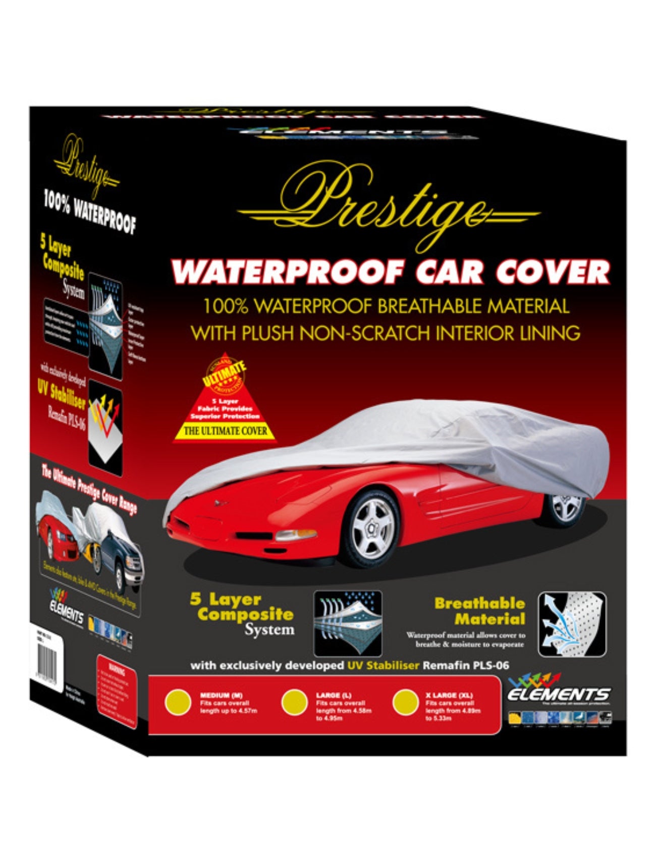 The image features a Sunland-Protection brand Car Cover - Wagon, waterproof for optimal protection. A red car is seen partially covered, highlighting its 5-layer composite system, breathable material, and UV stabilizer. The packaging is mainly black with vibrant graphics.