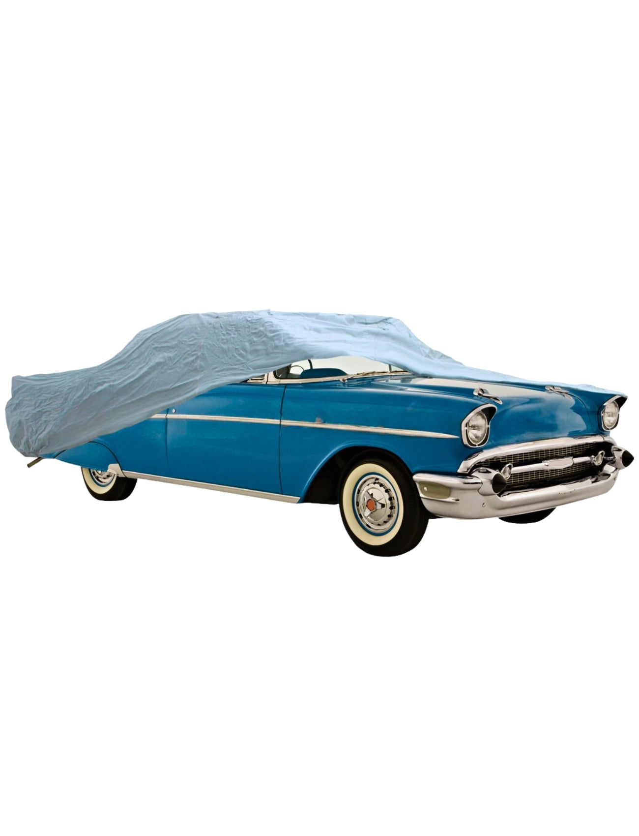 A vintage blue car is partially covered by a Sunland-Protection Car Cover - XX-Large in pale blue, UV-stabilized, waterproof fabric, revealing its classic white-walled tires and chrome detailing against a plain white background.