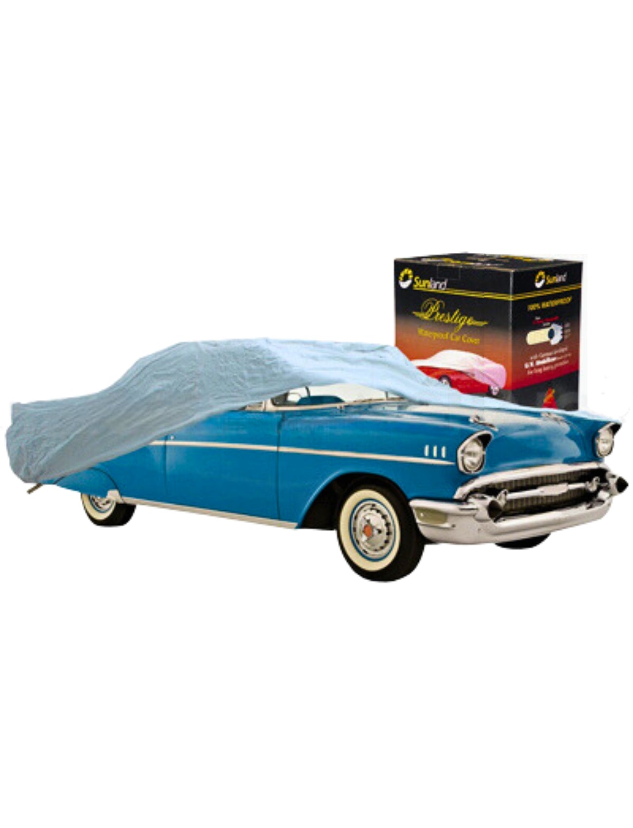 A vintage blue car is partially covered by a Sunland-Protection Car Cover - XX-Large in light blue, showcasing its classic design beneath. A box labeled "Sunland-Protection" highlights the cover's waterproof and UV stabilization features beside the vehicle.