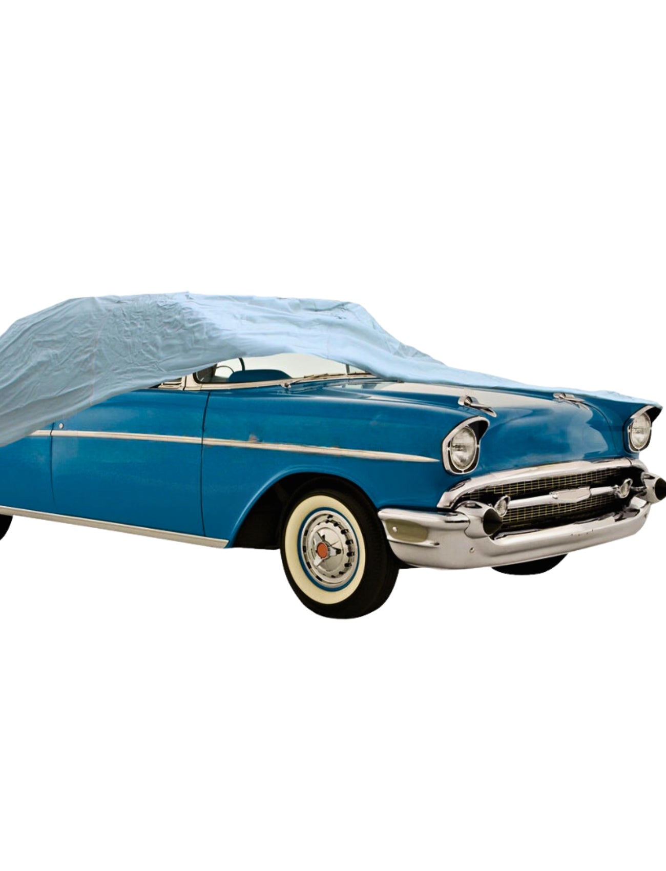 A vintage blue car, with chrome detail and whitewall tires, is partially covered by a Sunland-Protection XX-Large car cover made of waterproof fabric, displayed against a white background.