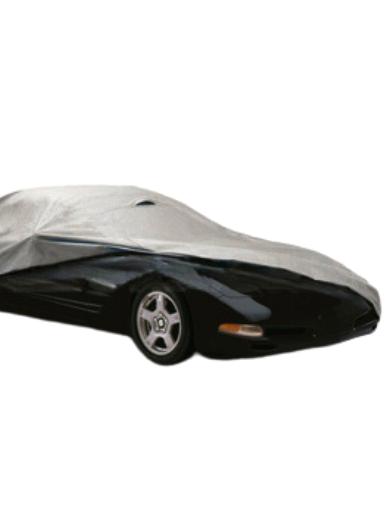 A sleek black car, partially covered with the Sunland-Protection XTRABOND Waterproof Car Cover - Small, reveals a shiny finish and polished alloy wheel. The durable gray fabric fits snugly over the vehicle's contours, providing superior UV protection.