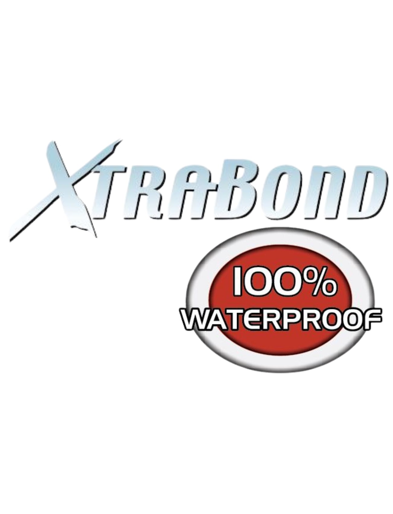 The Sunland-Protection logo and "100% Waterproof" in a red oval stand out on the XTRABOND WATERPROOF CAR COVER - MEDIUM's white background, highlighting its durability and protection promise.