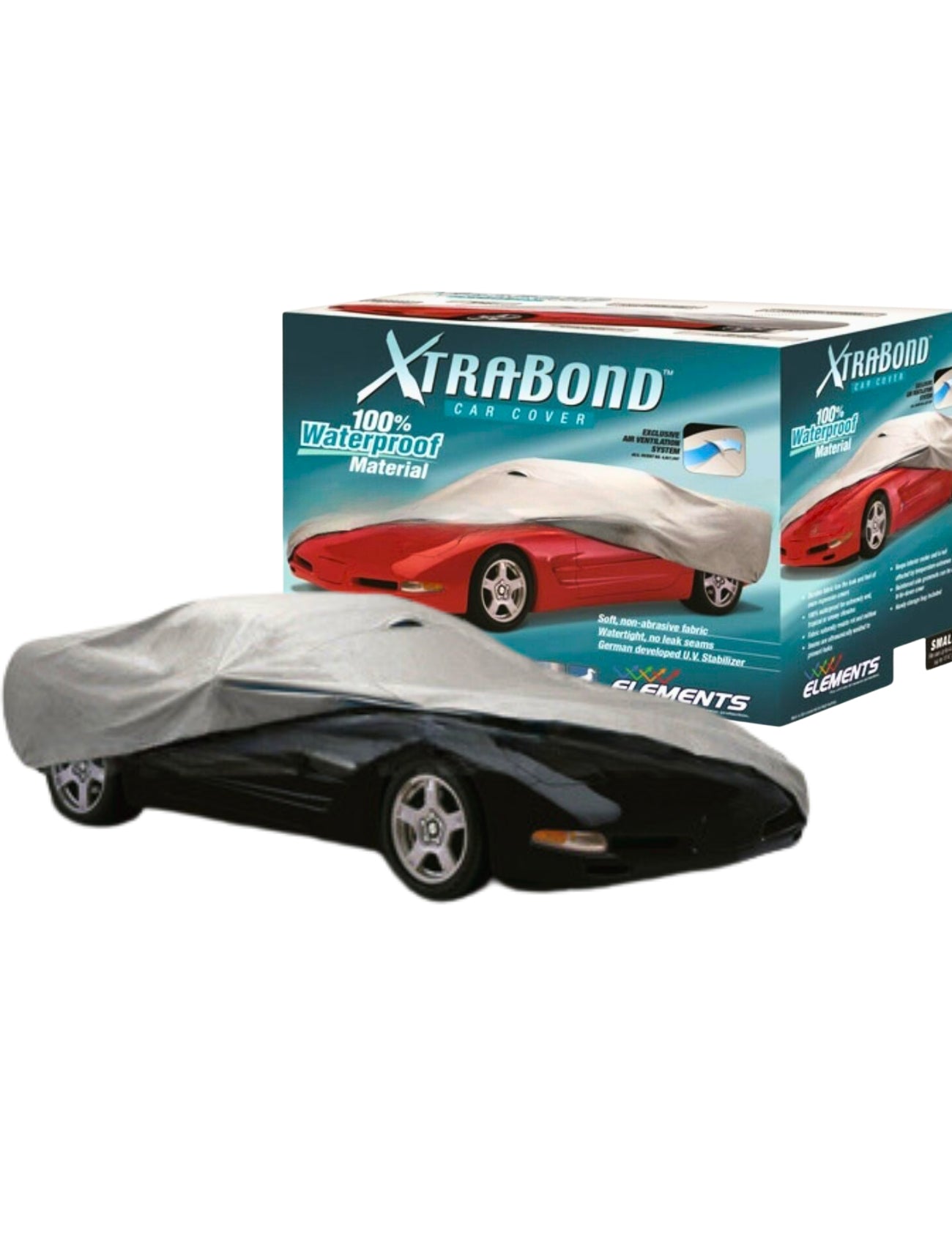 A gray XTRABOND WATERPROOF CAR COVER - LARGE by Sunland-Protection shields a car, with a branded box nearby displaying an illustration of a red car partially covered, highlighting the cover's durable and waterproof fabric.