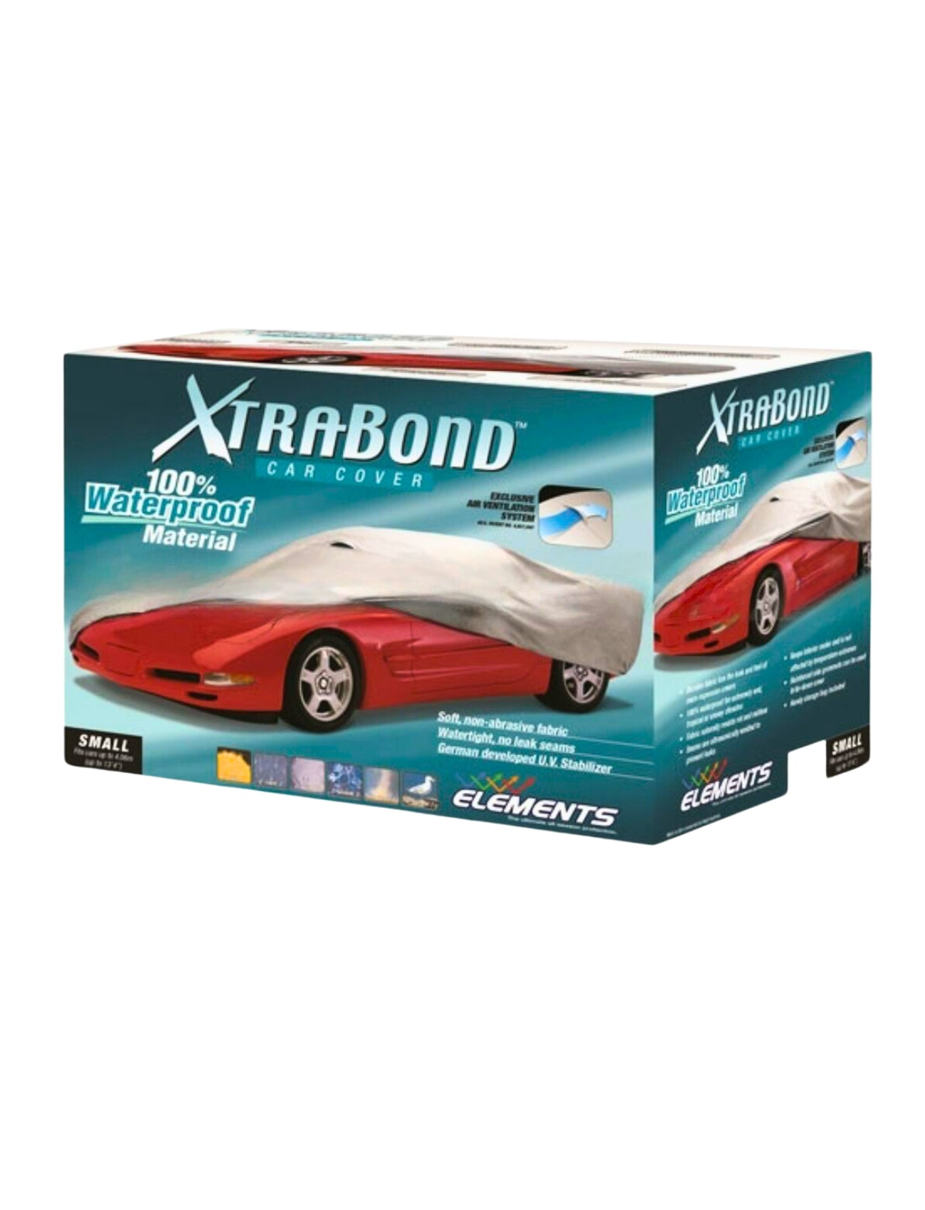 The box for a large Sunland-Protection Xtrabond Car Cover shows a red car partially covered with the durable waterproof cover, emphasizes "100% Waterproof Material," features "Soft, non-abrasive fabric," includes a patented vent system, and displays the "ELEMENTS" branding.