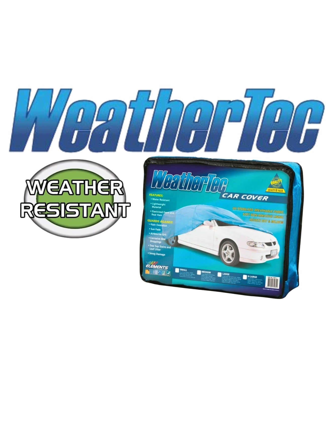 The Sunland-Protection WeatherTec Car Cover - MEDIUM features sleek packaging with a blue and white sports car image, a "Weather Resistant" badge, and the "WeatherTec" logo. It ensures protection against harsh weather using UV-stabilized, breathable fabric.