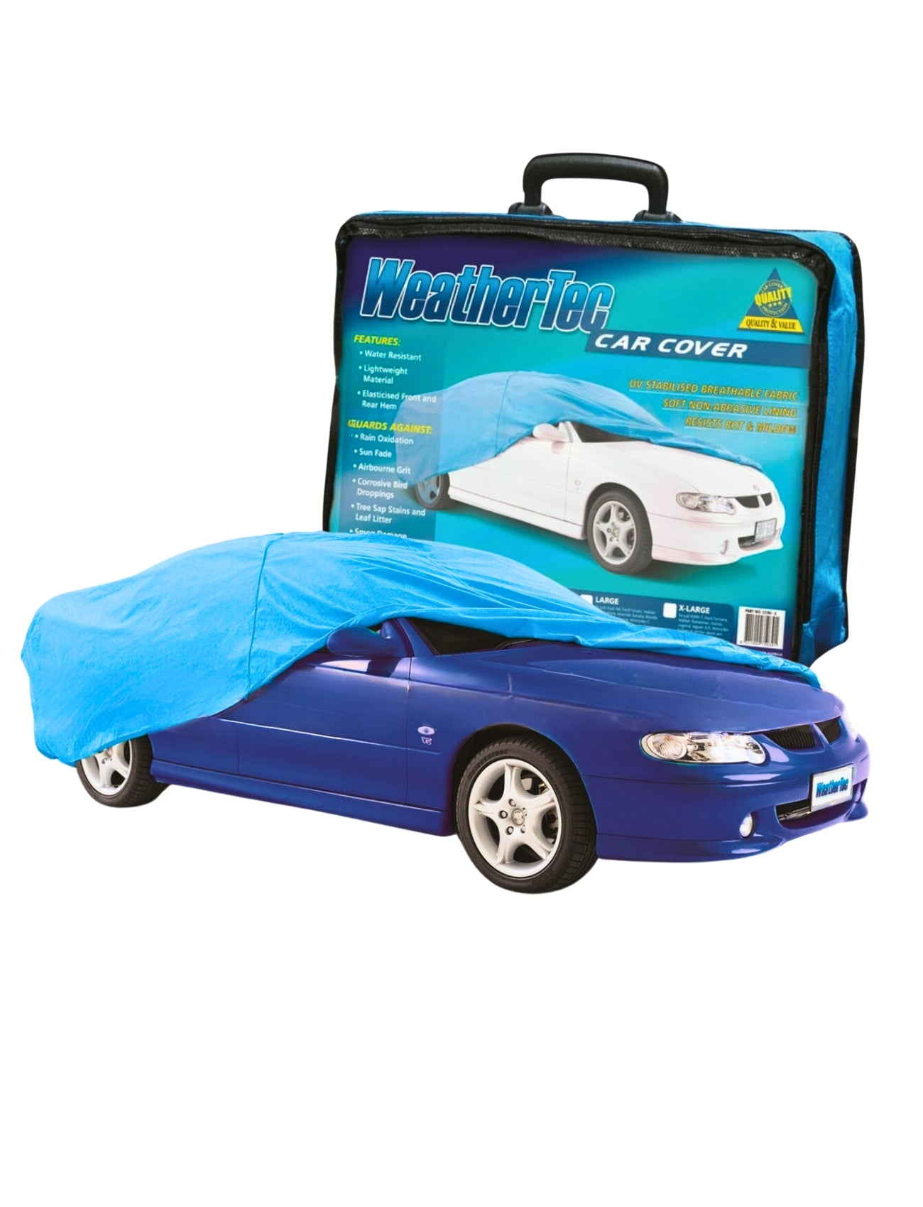 A blue car is partly covered by a light blue Sunland-Protection WeatherTec Car Cover - LARGE, known for its durability and UV resistance. The packaging in the background displays a white car completely covered, showcasing the cover's protective features.