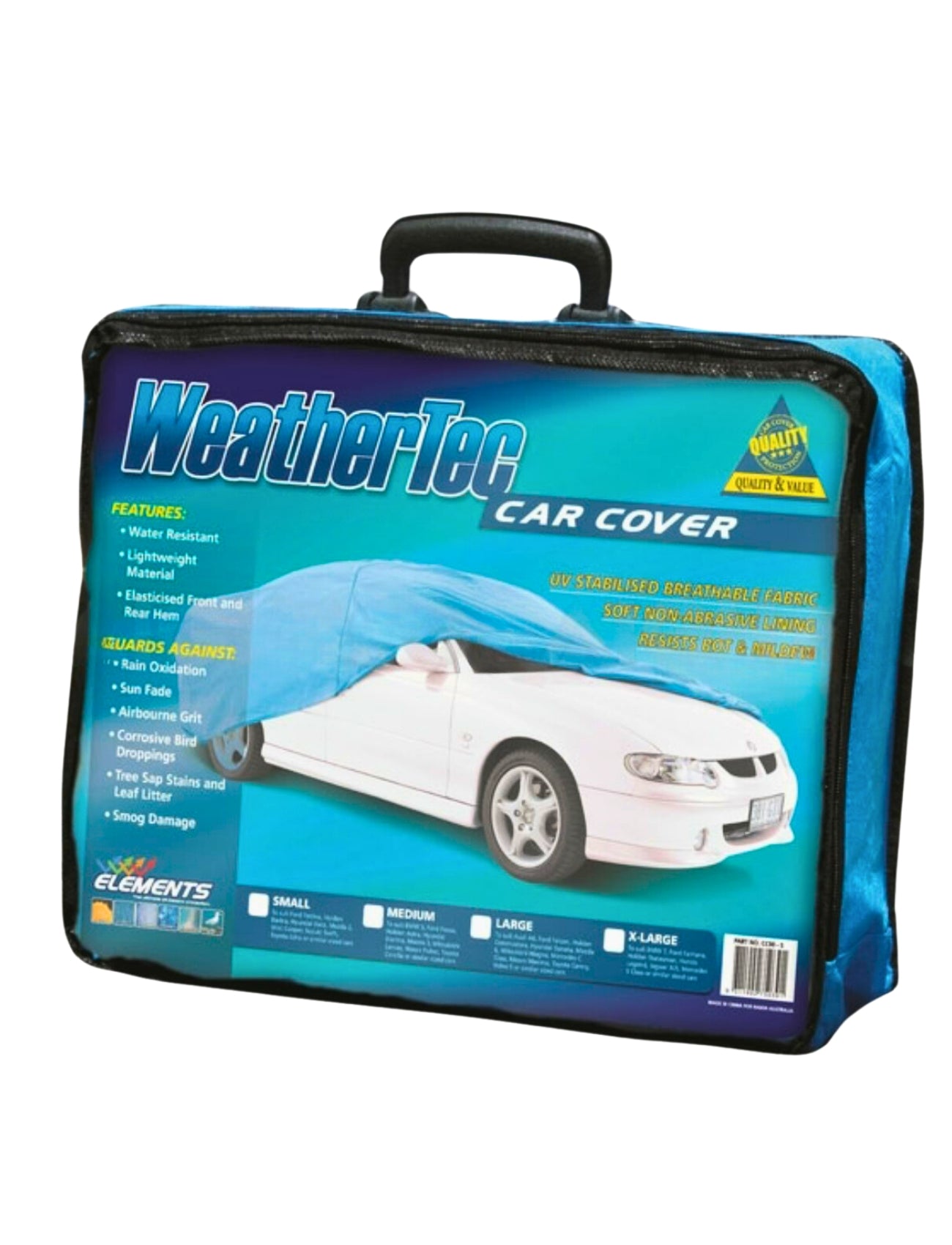 The WeatherTec Car Cover - LARGE by Sunland-Protection features packaging with an image of a car shielded by the cover, emphasizing its weather and UV resistance, lightweight design, and protection against elements. The package includes a convenient handle for easy carrying.