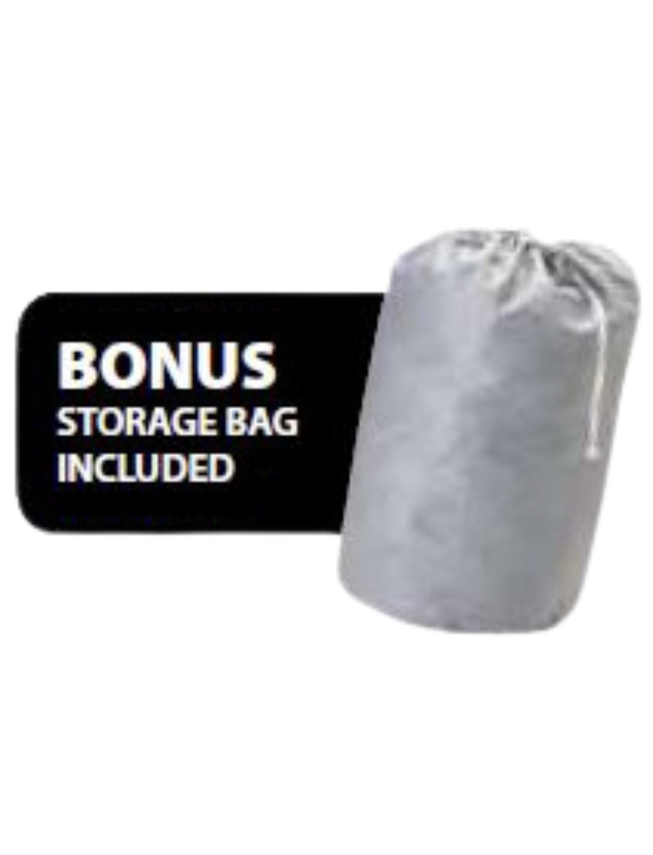 A rolled-up storage bag with waterproof fabric and UV stabilization is shown beside a label stating "BONUS STORAGE BAG INCLUDED" in white text on black, for the Sunland-Protection Car Cover - XX-Large.