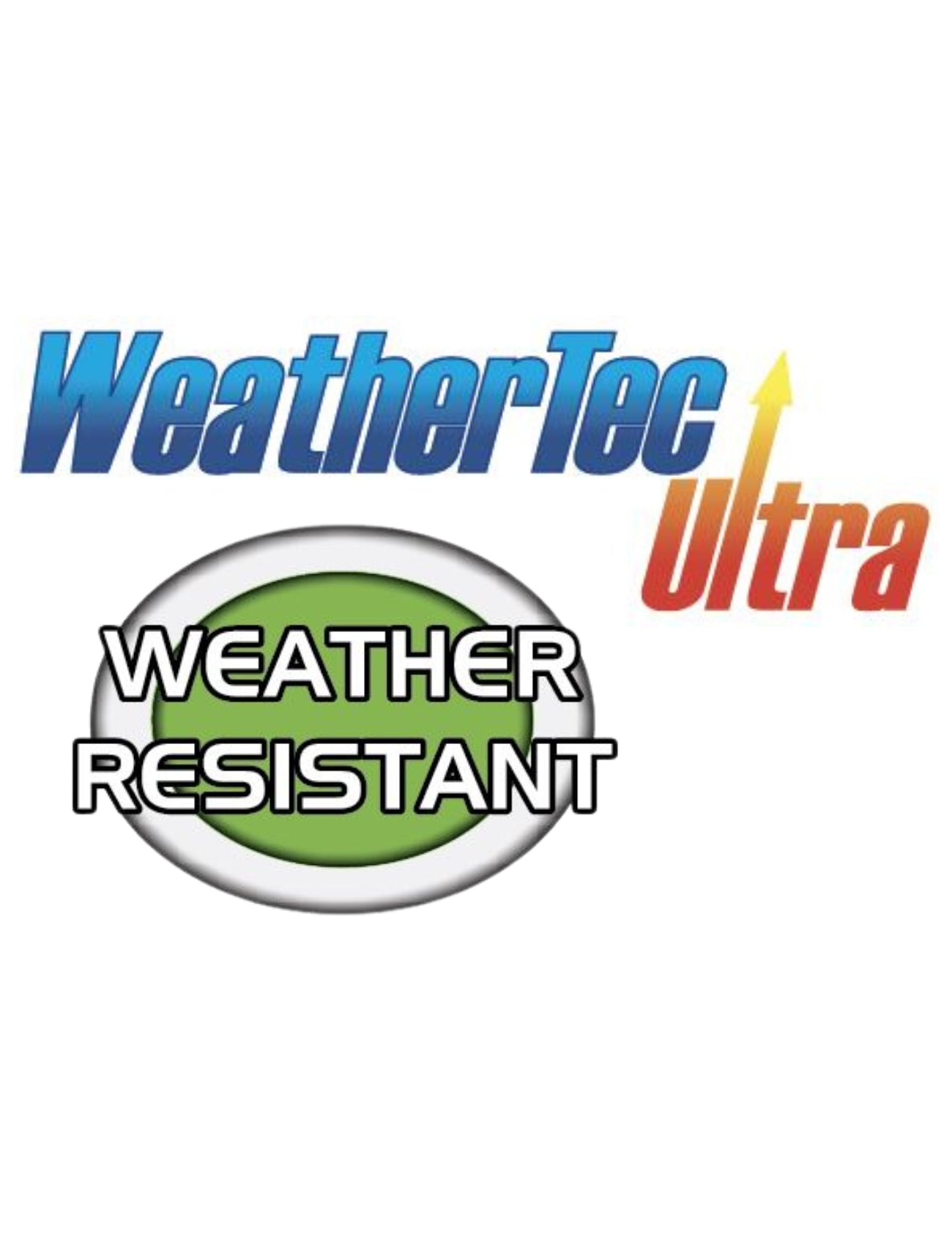 Logo showcasing "WeatherTec Ultra" in blue and orange text, perfect for your Sunland-Protection's WeatherTec Ultra Cover - HATCHBACK SMALL. Below is a green oval featuring "WEATHER RESISTANT" in bold black letters, surrounded by a silver border, emphasizing UV protection and breathable fabric benefits.