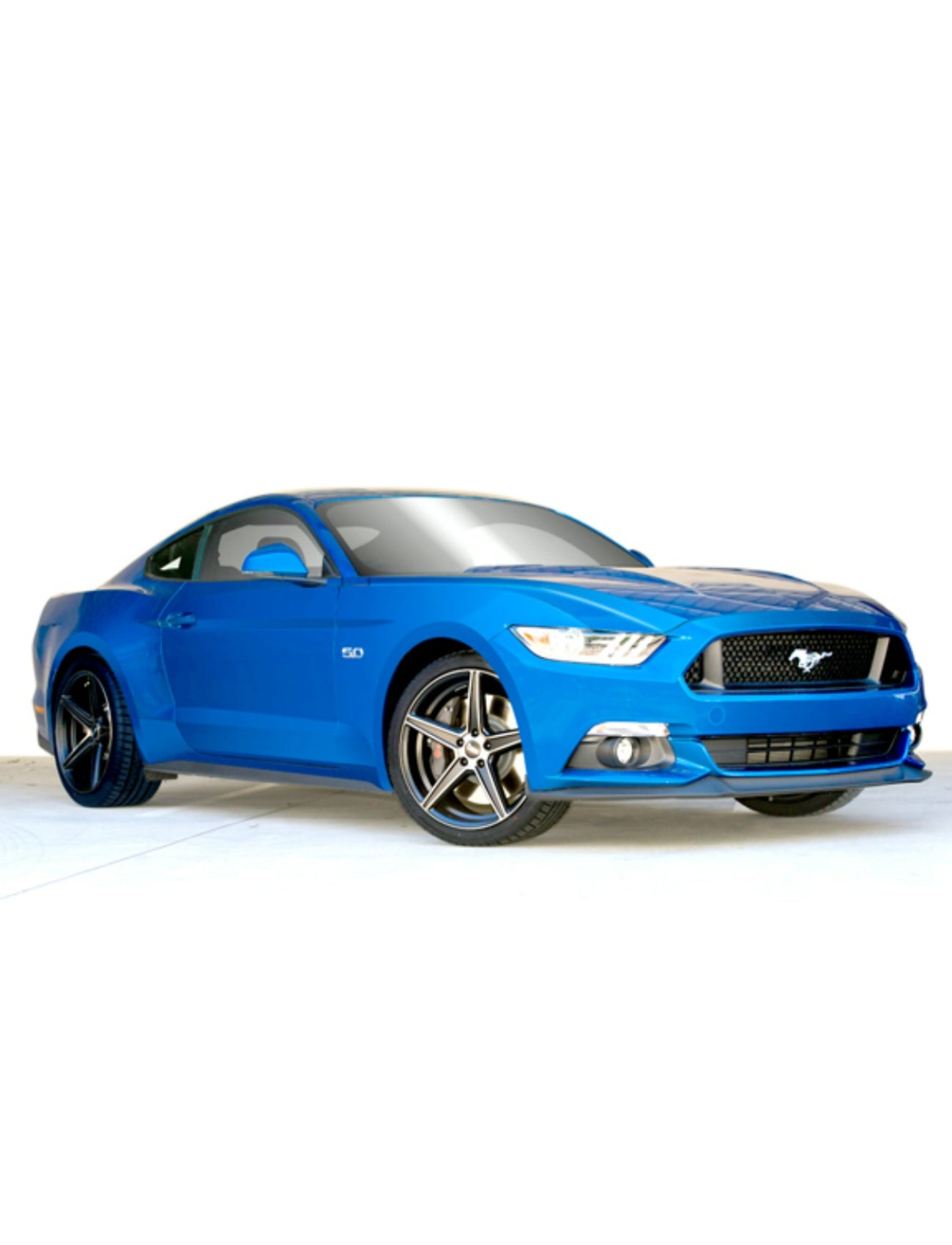 A sleek blue sports car, resembling a Ford Mustang with alloy wheels, a prominent grille, and a centered logo, is showcased on a pristine white background. Its modern design stays striking thanks to the Sunland-Protection Ford Mustang Car Cover for indoor dust protection.