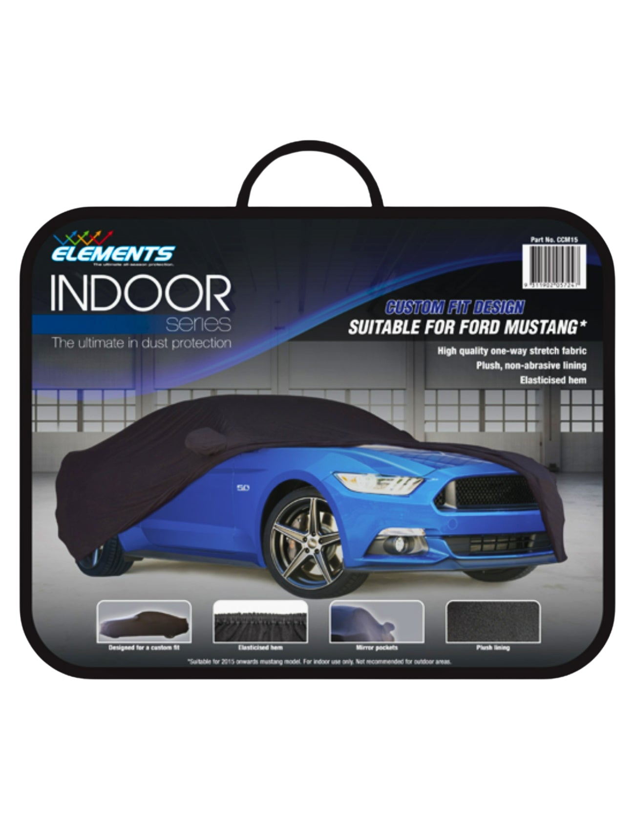 Sunland-Protection's Ford Mustang Car Cover features packaging with a blue Mustang partially covered, highlighting its custom fit. It offers indoor dust protection using one-way stretch fabric, a plush non-abrasive lining, and an elasticized hem for optimal use.