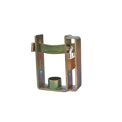 The Trailer Coupling Lock by Cargo Mate is a sturdy metal bracket with a cylindrical opening and small padlock on the side, made from hardened steel. It secures objects like trailer couplings against a plain white background.