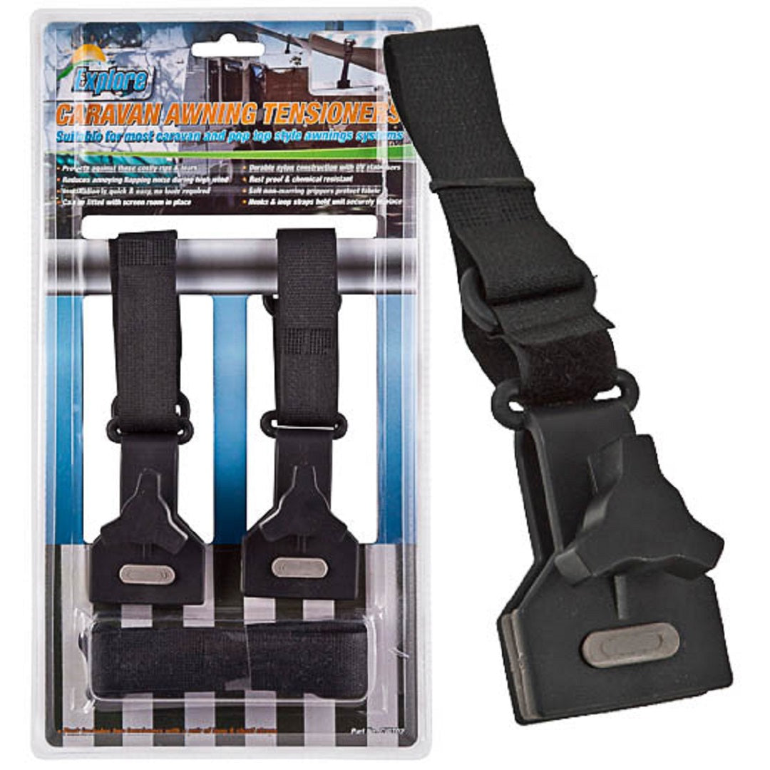 Packaging for Explore's Caravan Awning Tensioners includes two black units with adjustable straps and clamp mechanisms; it highlights their rust-proof finish and suitability for securing flapping awnings.
