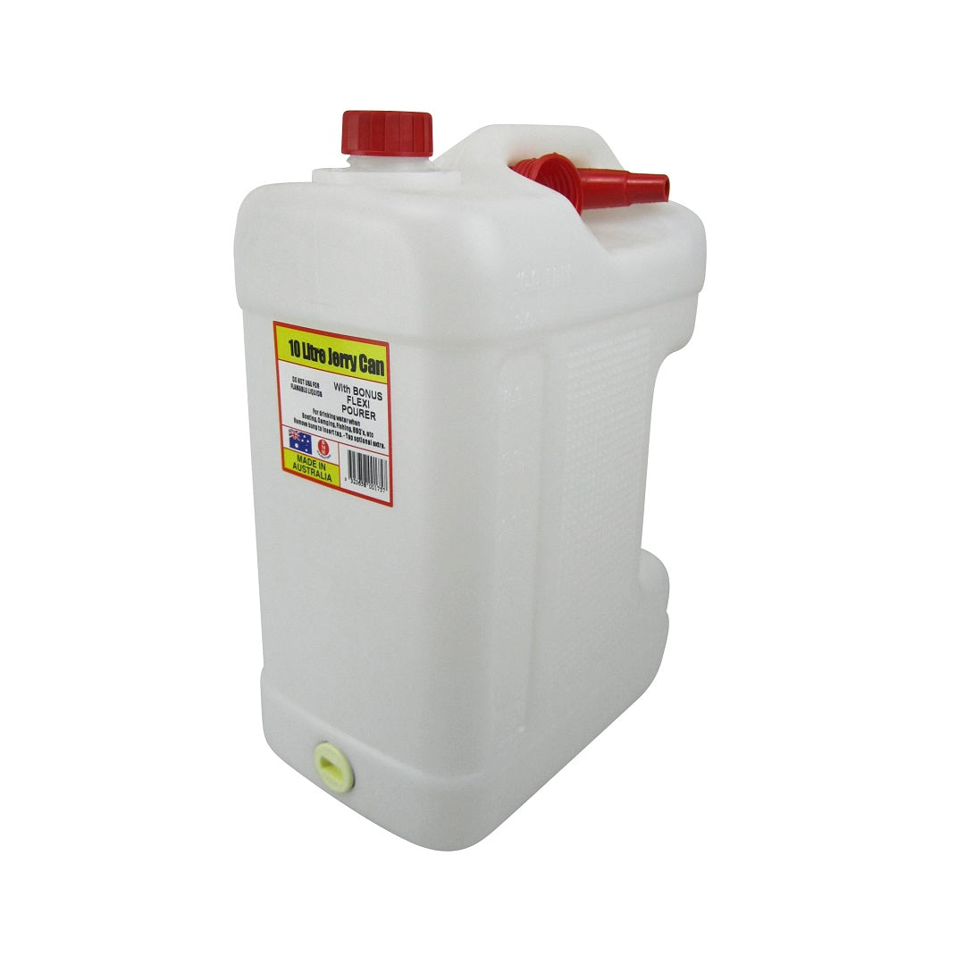 The Cargo Mate ®Plastic Water Container - 10L is a BPA-free, Australian-made white jerry can with a red cap and handle. It features a convenient pouring spout and small text and graphics on the front, ideal for storing liquids.