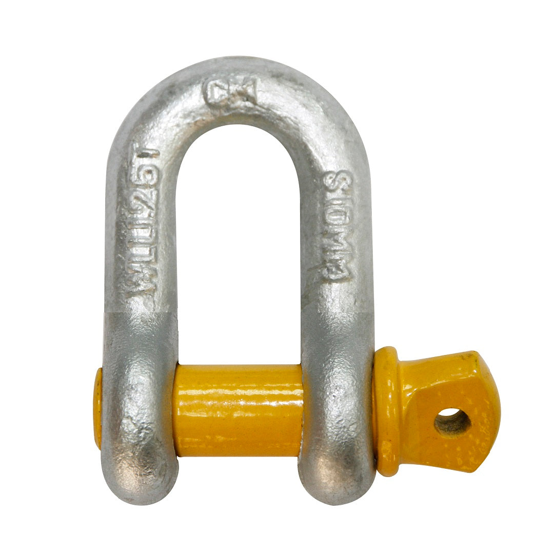 The Cargo Mate D Shackle 1.25T is a steel, U-shaped shackle with a yellow screw pin, perfect for lifting, rigging, and towing applications. Its reliable Working Load Limit ensures secure attachment to chains or ropes by securing the opening with the pin.