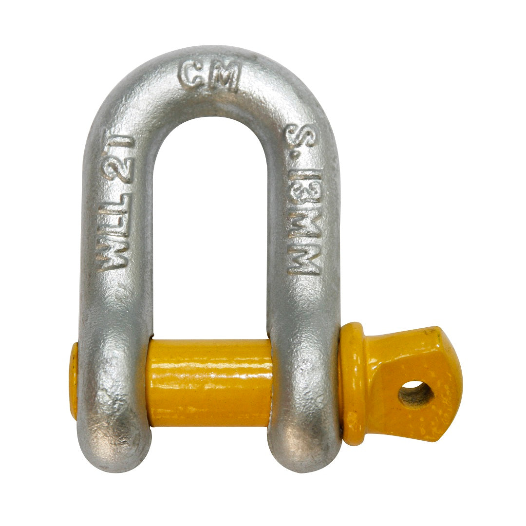 The Cargo Mate D Shackle 2T features a silver U-shaped metal body with a yellow screw pin. It's perfect for towing tasks and includes "WLL 2T" and "S2NM" embossed on its surface, indicating its Working Load Limit.