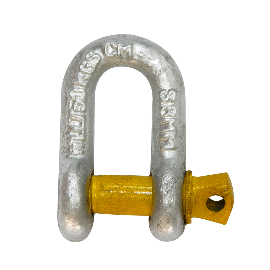 The Cargo Mate D Shackle 750KG is a silver metal shackle with a U-shape, suitable for towing. It includes a removable yellow pin and engraved text for specs and Working Load Limit, confirming it's a Grade S shackle.