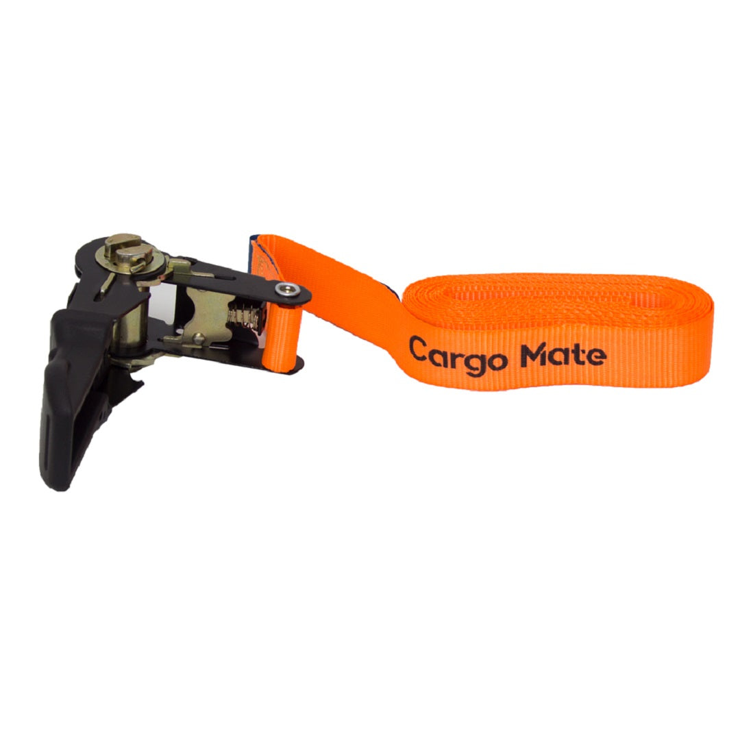 The Cargo Mate Ratchet Straps - 25mm x 4.3m feature a metal ratchet mechanism, automatic locking, and durable polypropylene webbing with black text, ideal for securing items during transport.
