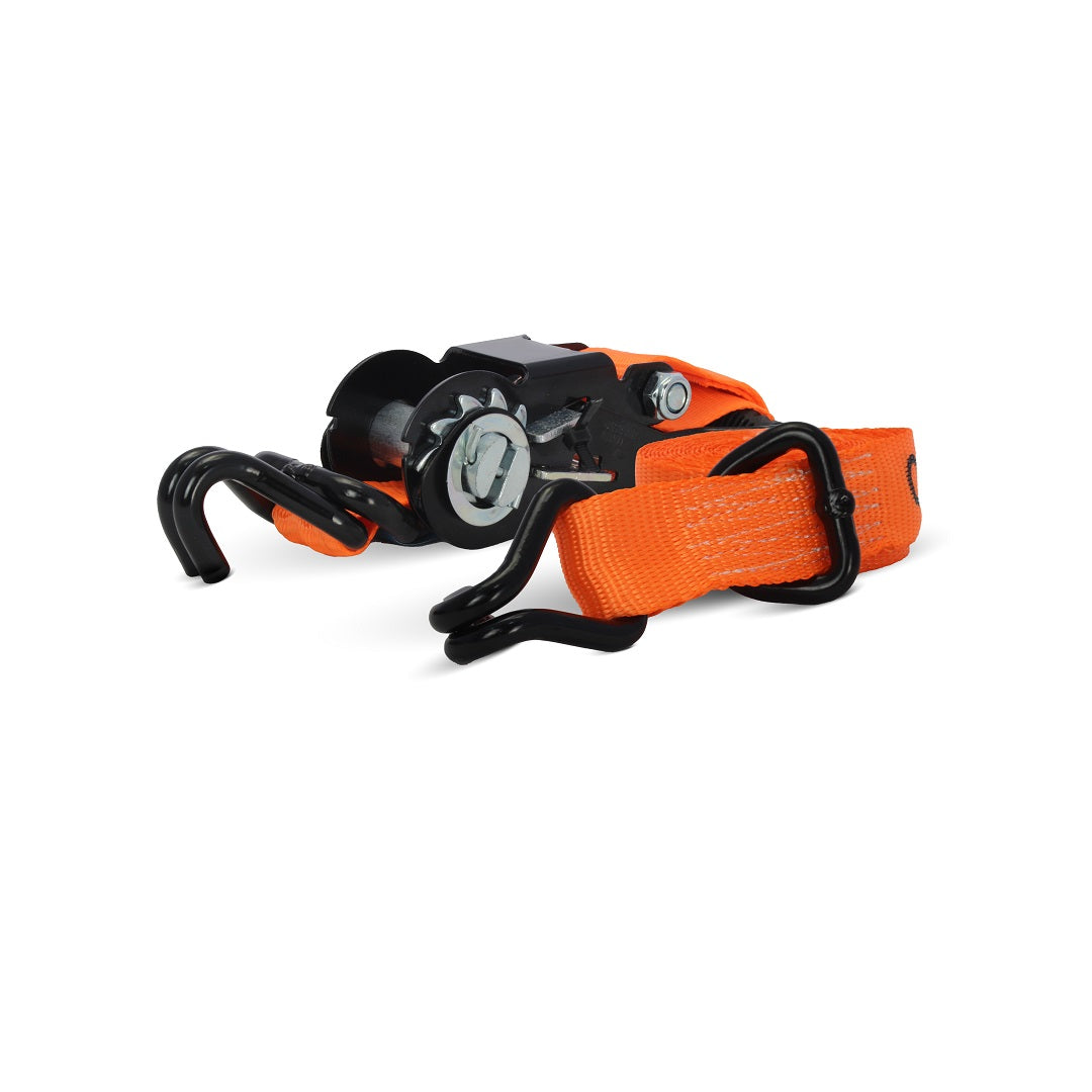 The Cargo Mate Ratchet Straps, 38mm x 4.5m, feature orange polypropylene webbing with black hooks and a metal buckle mechanism for secure cargo fastening with an automatic locking ratchet.