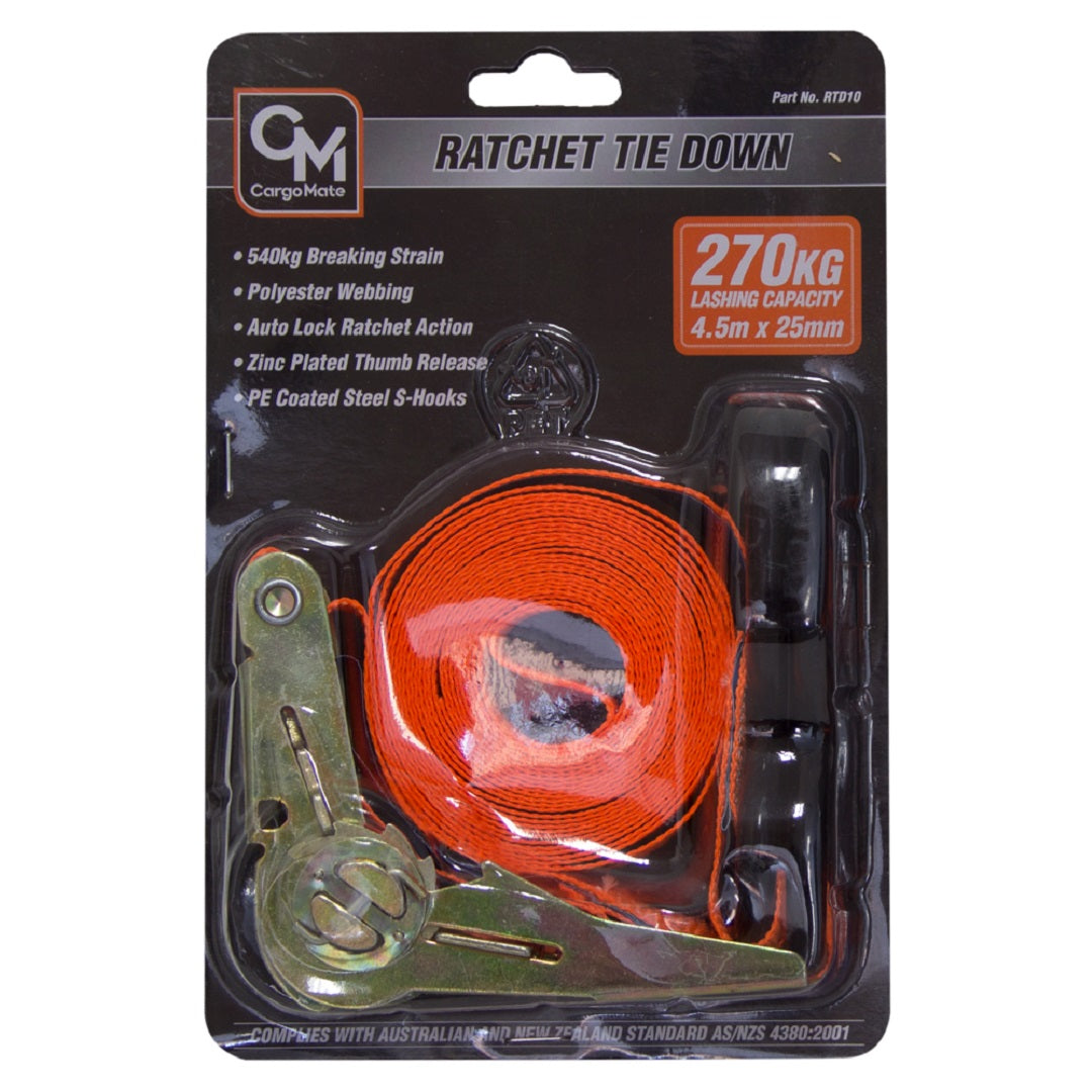 Package of Cargo Mate Ratchet Straps - 25mm x 4.5m includes orange polyester webbing, automatic locking ratchet, S-hooks, supports up to 270kg, and meets Australian/New Zealand standards.