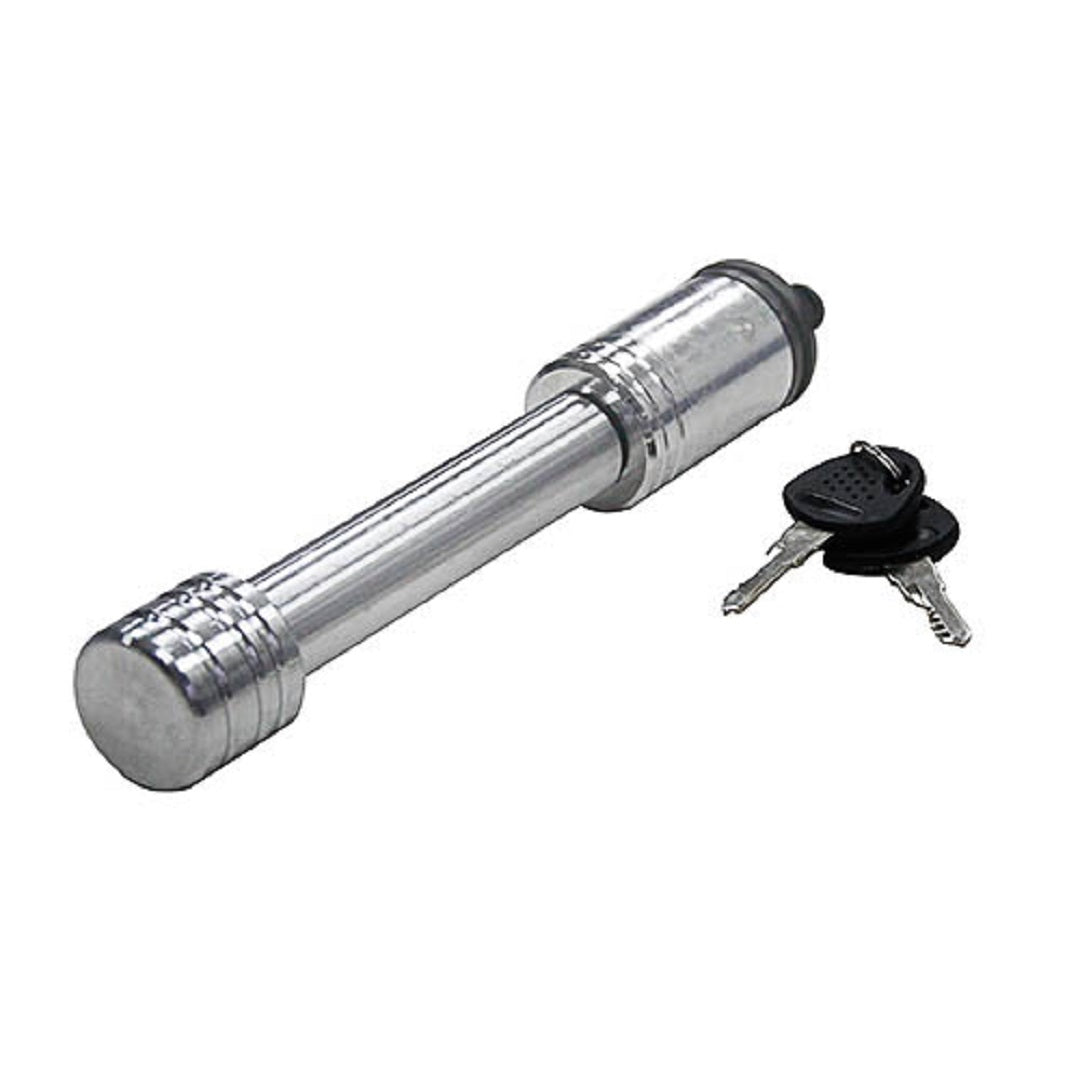 The Cargo Mate Towbar Hitch Pin, featuring a cylindrical lockable design with a shiny silver finish, comes with two black keys. It securely attaches trailers to vehicles via towball coupling, ensuring road safety and peace of mind.