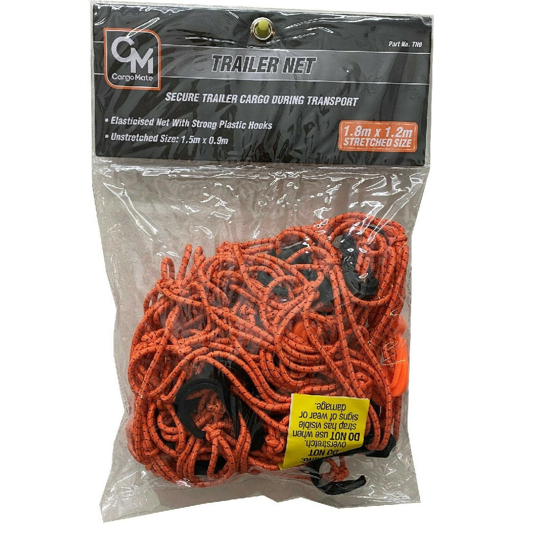 The Cargo Mate Trailer Net - 6' x 4' features durable orange elastic with black plastic hooks, ideal for securing cargo. It stretches from 1.5m x 0.9m to a max size of 1.8m x 1.2m, ensuring versatile and efficient use for various cargo loads.