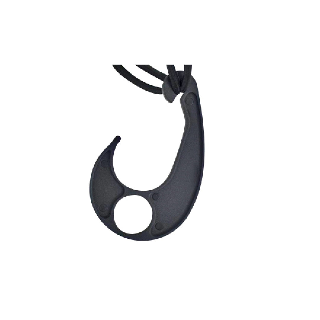 The black hook-shaped tool with a circular hole near its tip for no-touch use hangs on a cord, ideal as replacement hooks, and pairs well with CGN11 accessories. Product: Hooks for Load Cover | Trailer Covers - 8pk by Cargo Mate.