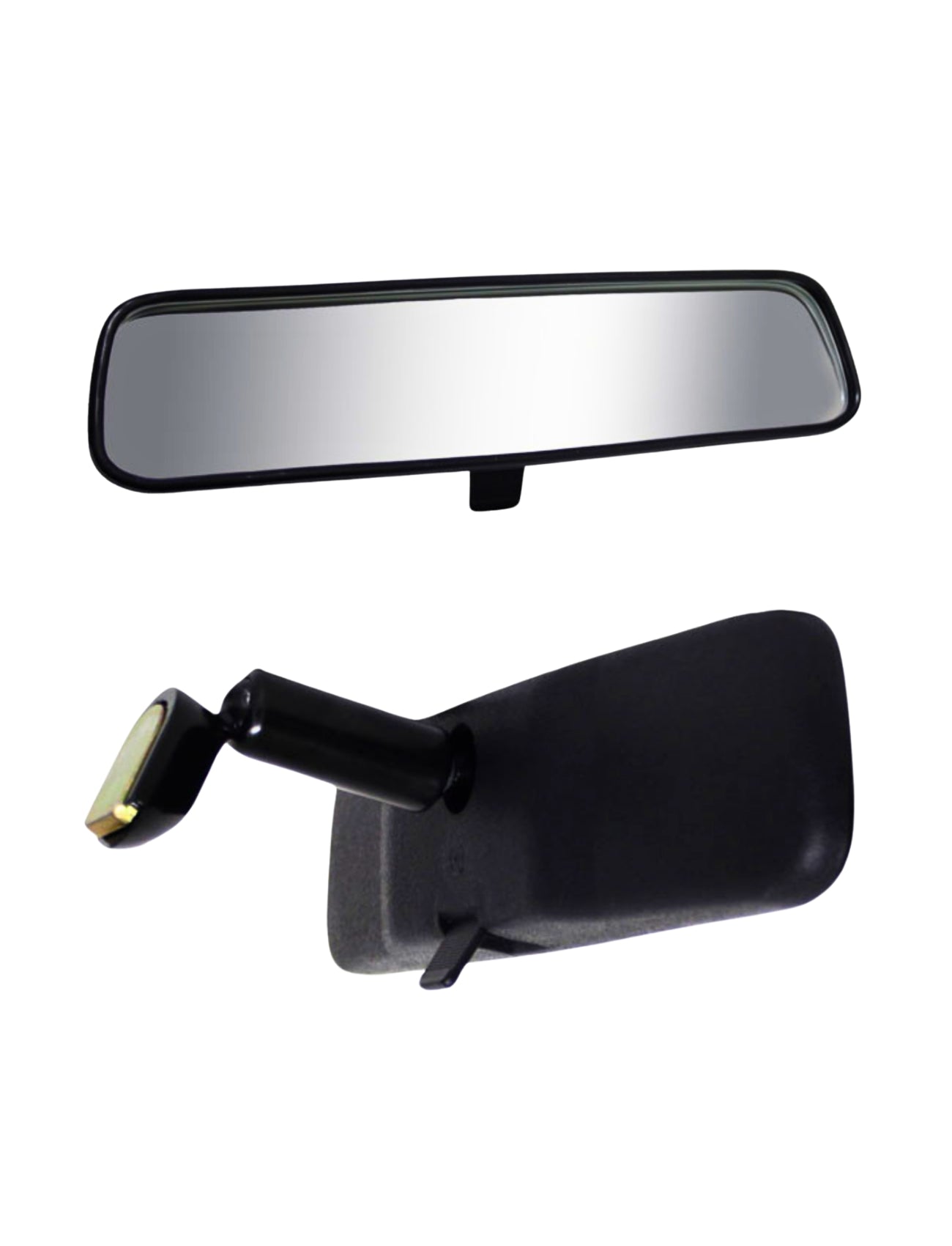 Two Sunland-Protection rear-view mirrors: a rectangular mirror with a thin black frame and the Day/Night Universal mirror boasting a universal mount, black casing, and adjustable feature. Both designed for clarity and isolated on a white background.
