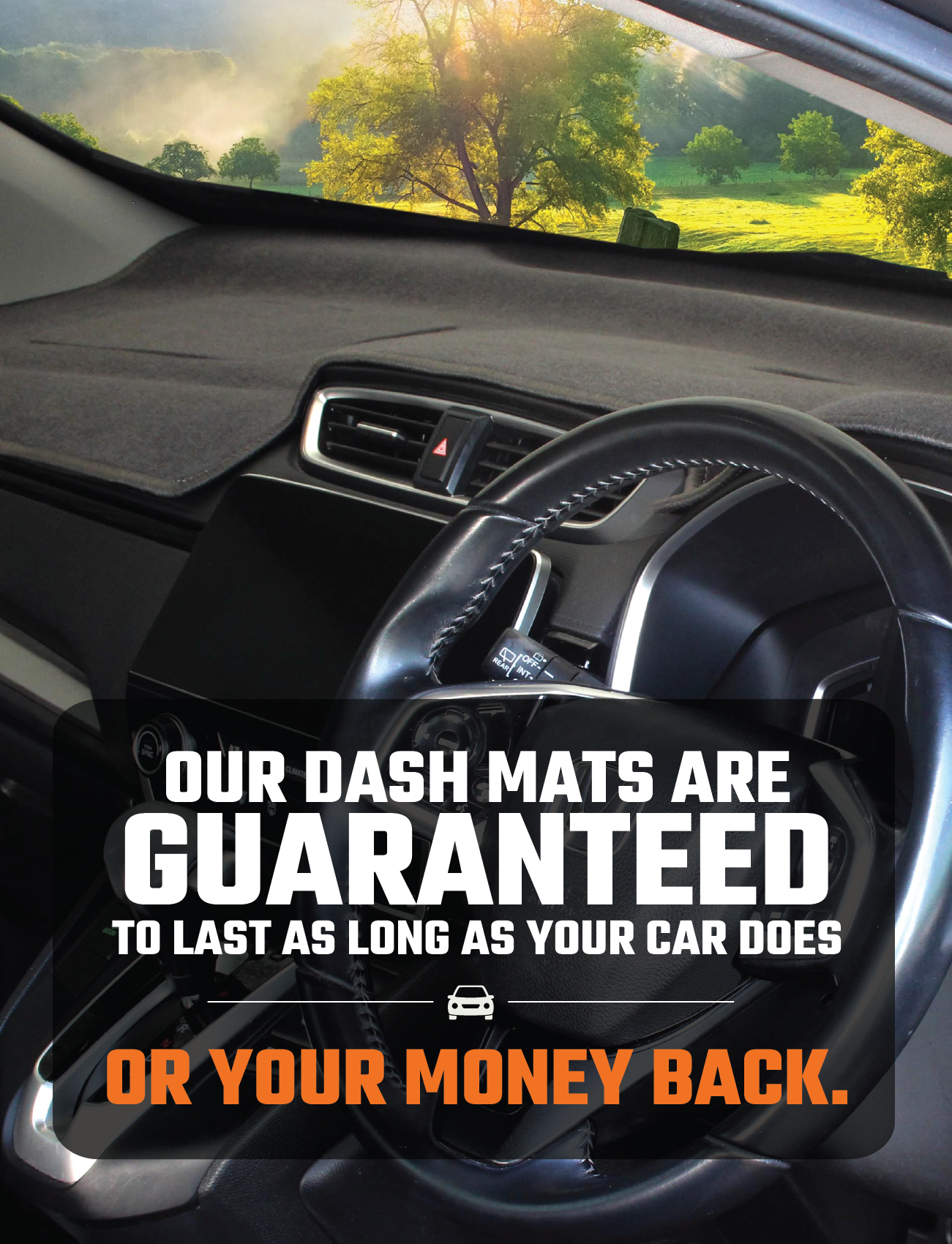 The Ford Mustang FM/FN Dash Mat by Sunland-Protection covers the car dashboard. The windshield reveals a sunny, green landscape with trees. Text on image reads: "Our dash mats last as long as your car or your money back.