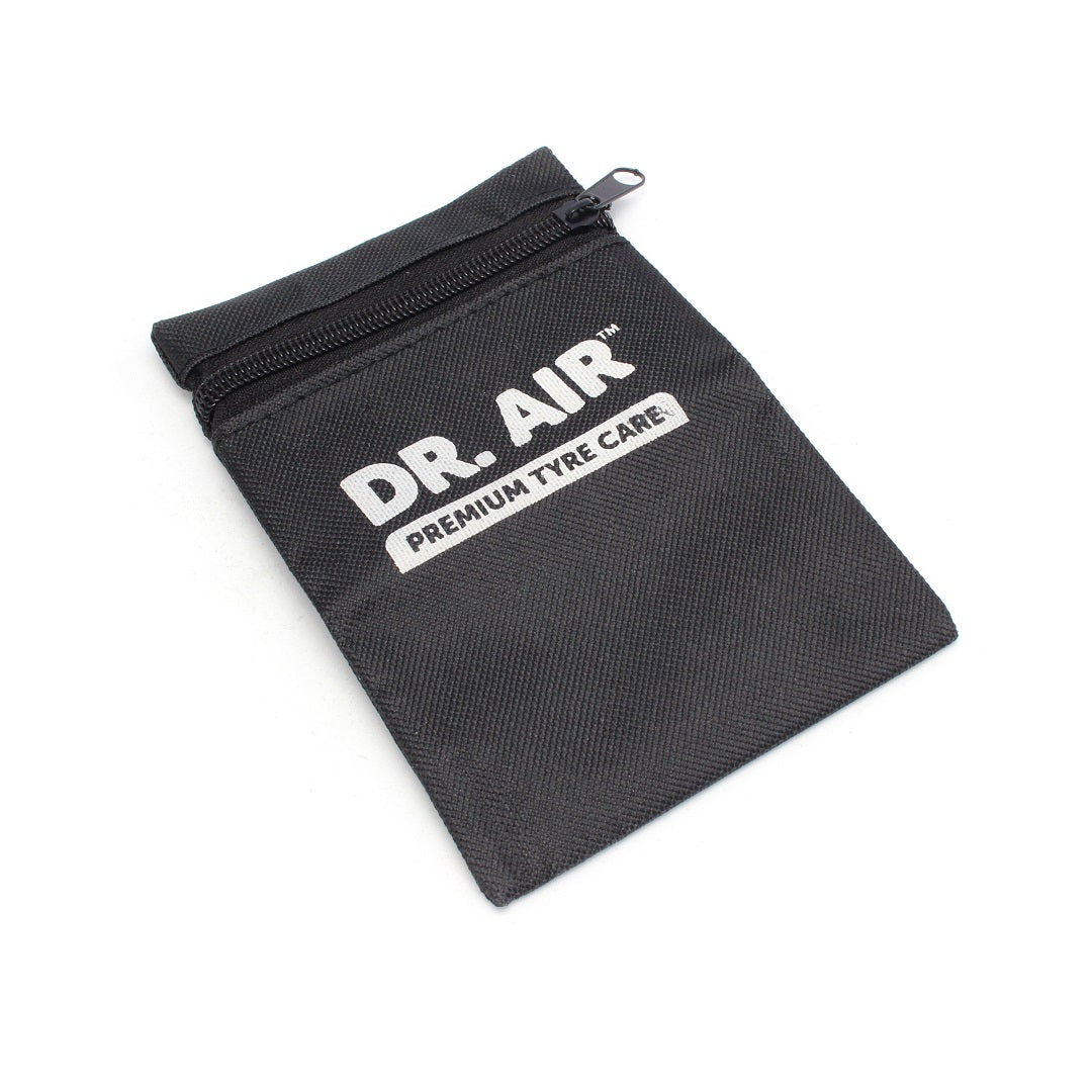 A compact black zippered pouch featuring the labels "Dr Air" and "PREMIUM TYRE CARE," perfect for 4WD vehicles, comes with a Tyre Pressure Gauge 60psi designed for accurate tyre deflation. The pouch is photographed against a clean white background.