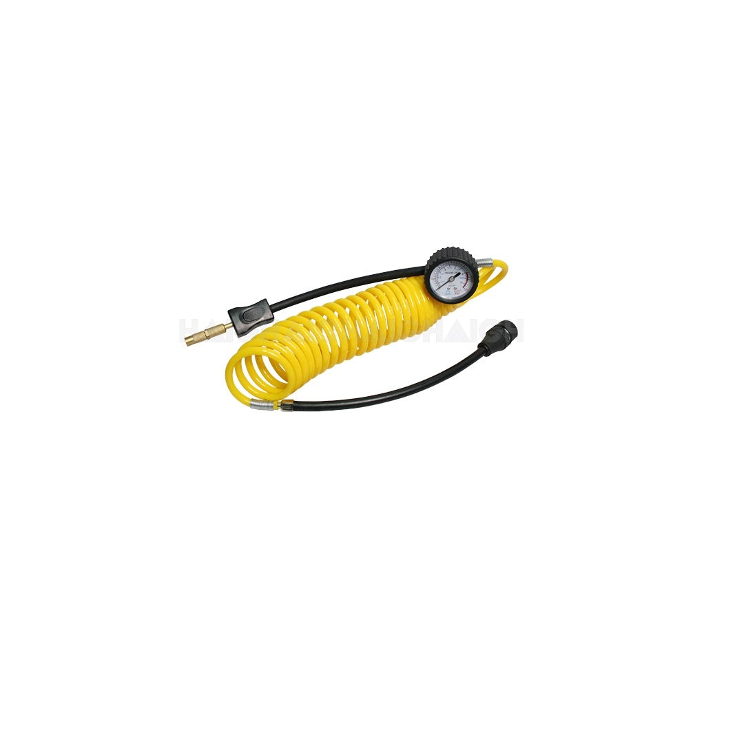 The Dr Air Coiled Air Hose with Gauge 6m comes with a yellow PVC coiled design, featuring an attached pressure gauge. It is equipped with a black connecting nozzle on one end and a brass fitting on the other, ensuring both durability and precision.
